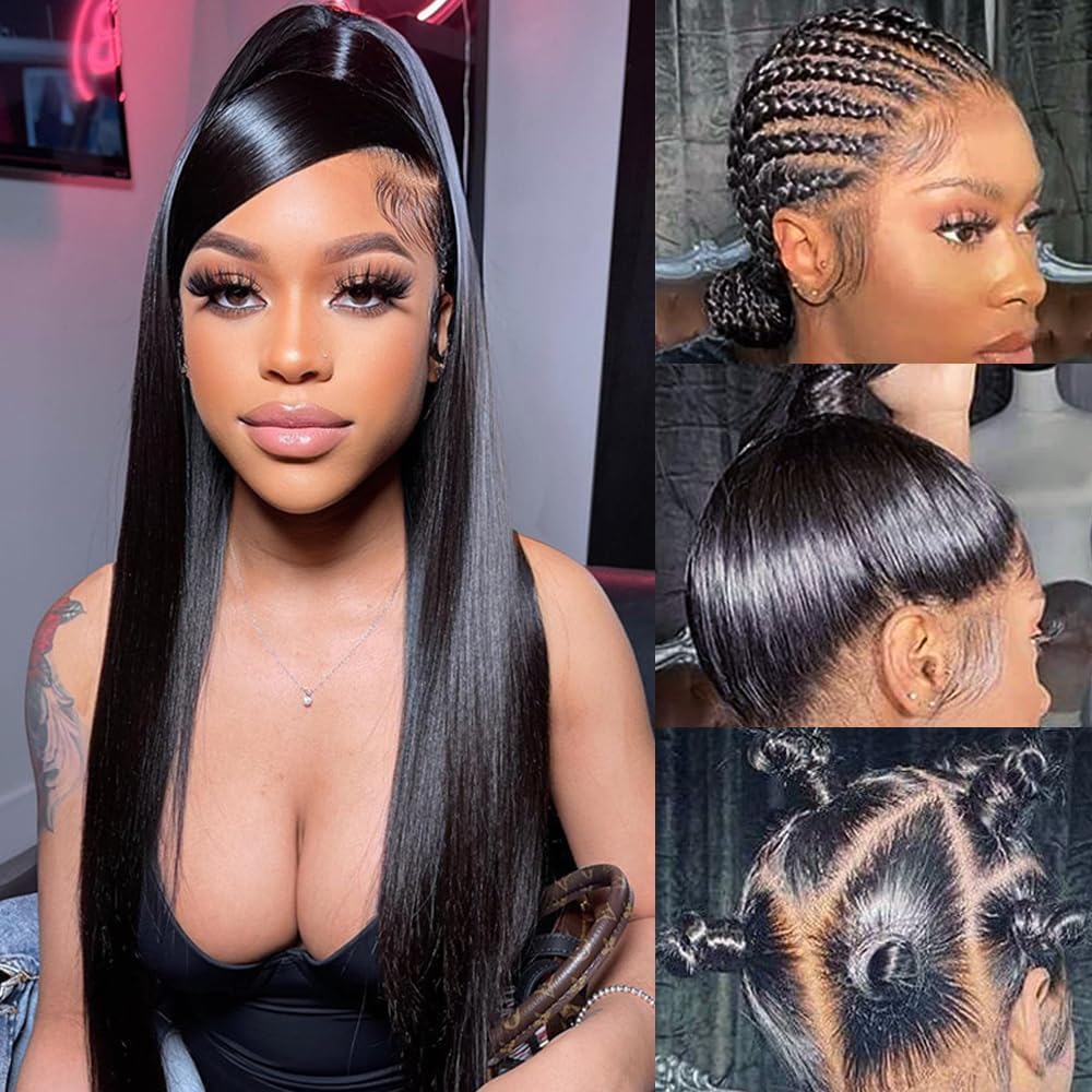 Straight Full Lace Wigs Human Hair 100% Hand-tied Full Scalp Lace Wigs for Black Women 180% Density(16inch, Natural Black)