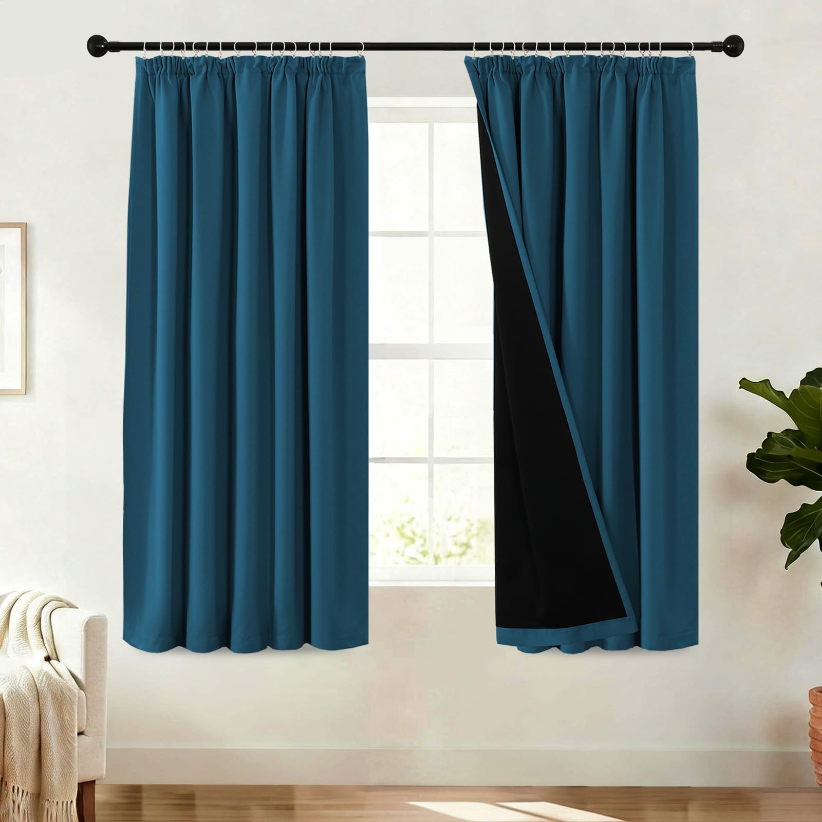 BellaHills 100% Blackout Curtains for Bedroom Thermal Insulated Curtains & Drapes for Living Room Short Window Curtain Pencil Pleat Back Tab Rod Pocket 2 Panels, W66 X L54, Dark Teal