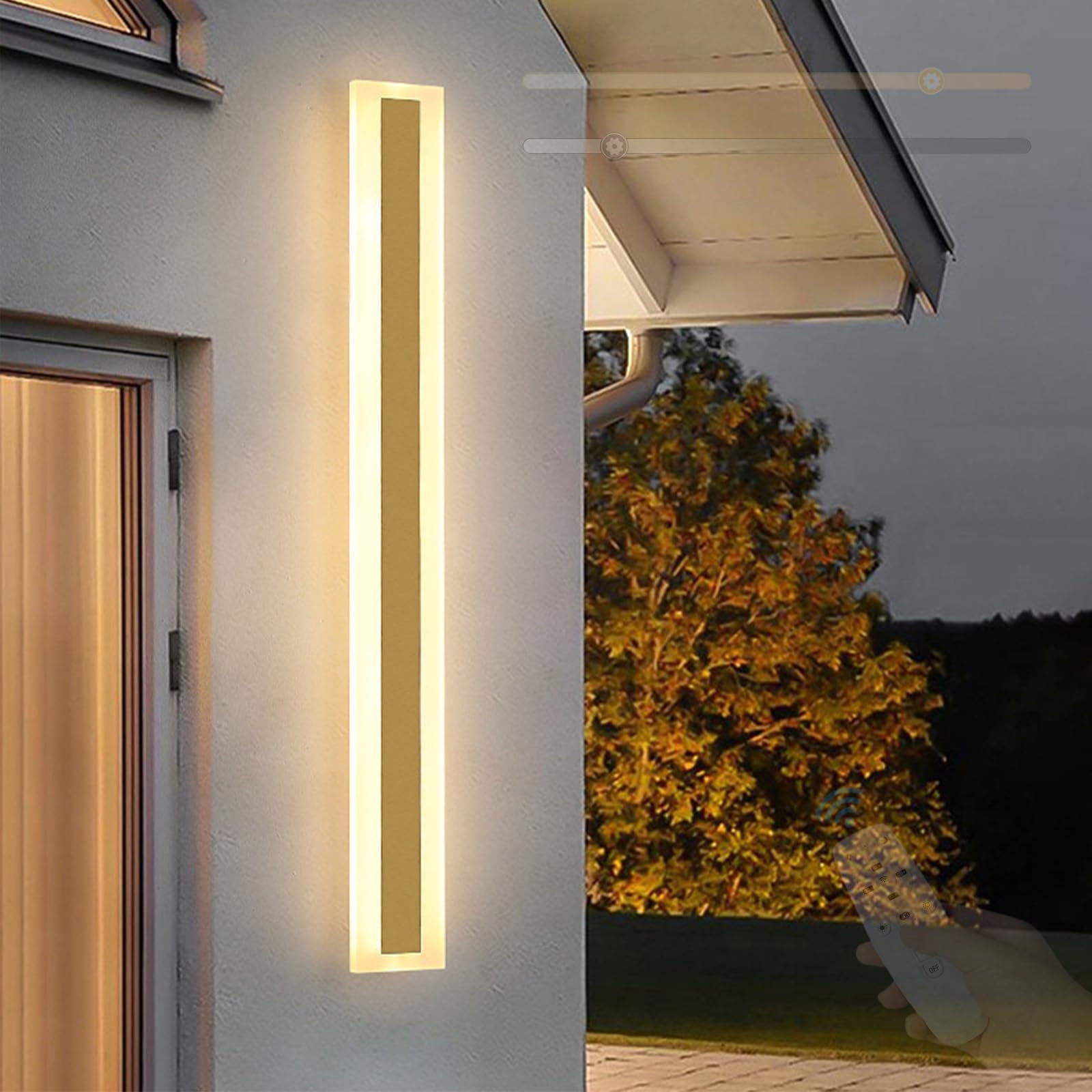 HELCEKOU LED Outdoor Wall Lights Modern Long Strip Dimmable Sconces with Remote Control IP65 Waterproof Metal Lamps Indoor/Outside Lighting for Hallway Garden Terraces