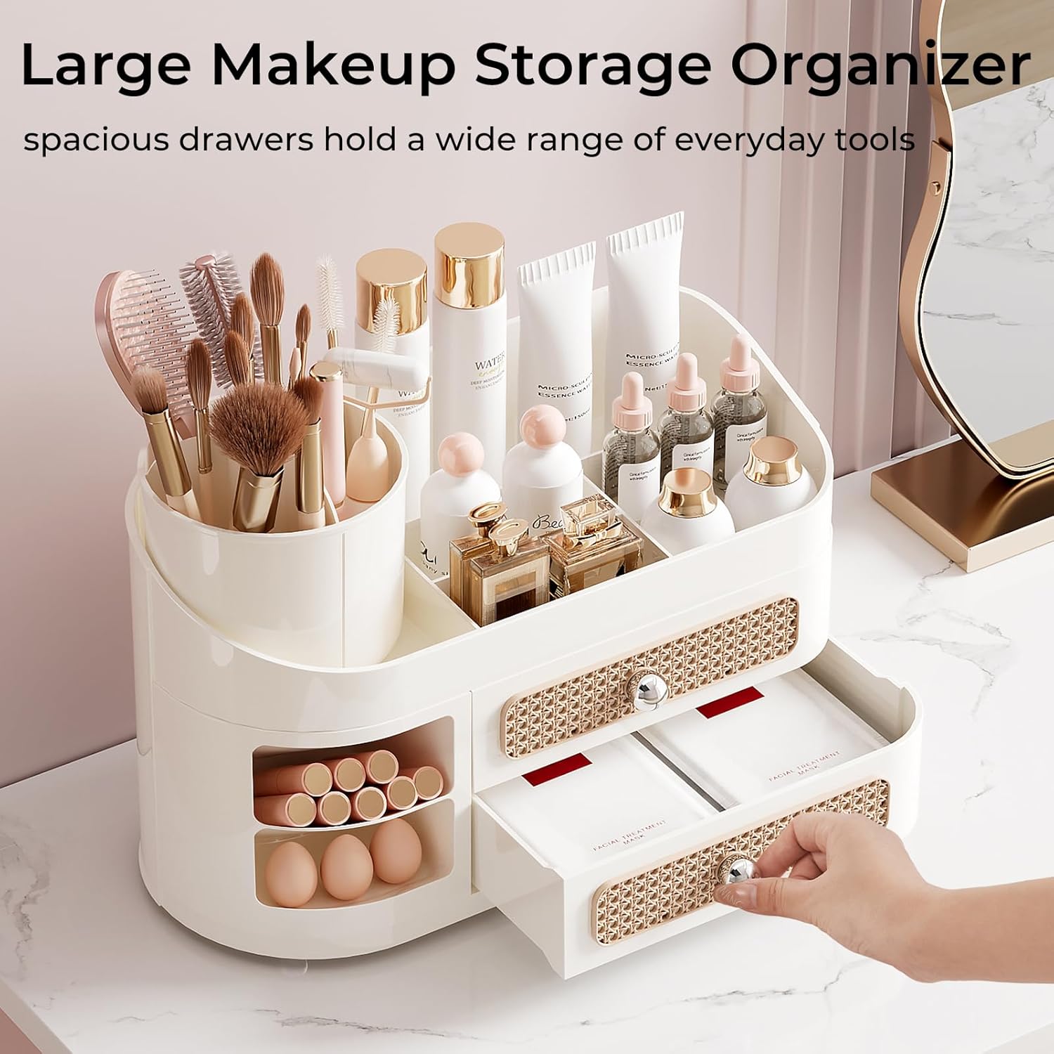 Makeup Organizer with Rotating Brush Holder, Bathroom Countertop Organizer with 2 Drawers, Easy to Store Hair Brush, Lipsticks, Perfumes, Skincare, Beige - Image 5