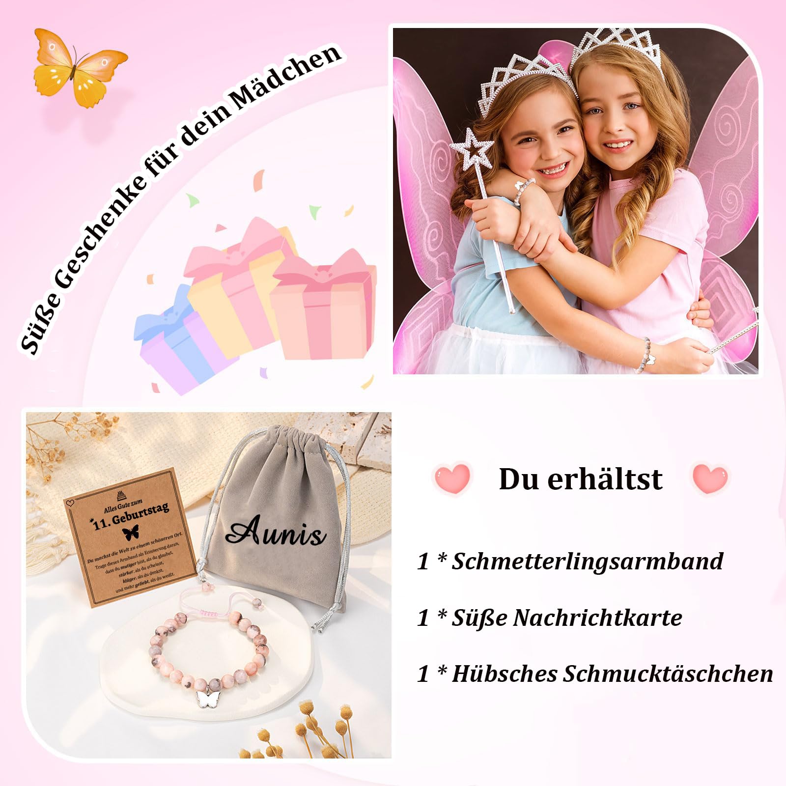 7./8./9./10./11./16. Geburtstagsgeschenke für Mädchen, Schmetterlings-Natursteinarmbänder mit Zitatkarte