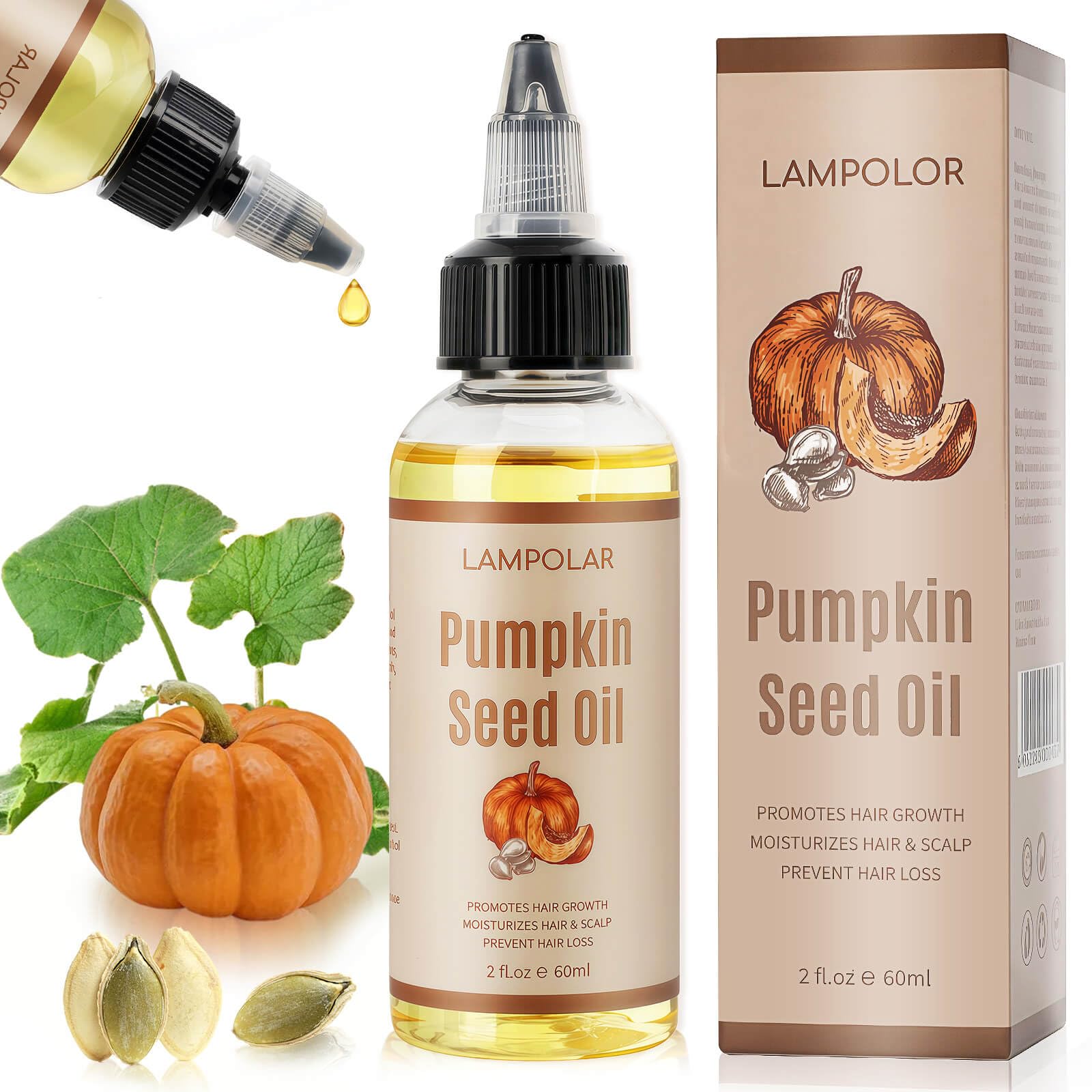 Lampolar Pumpkin Seed Oil for Hair Growth - 100% Pure, Cold Pressed, Natural Hair Growth Oil - Deeply Moisturizing Scalp, Strong Roots and Thick Hair,