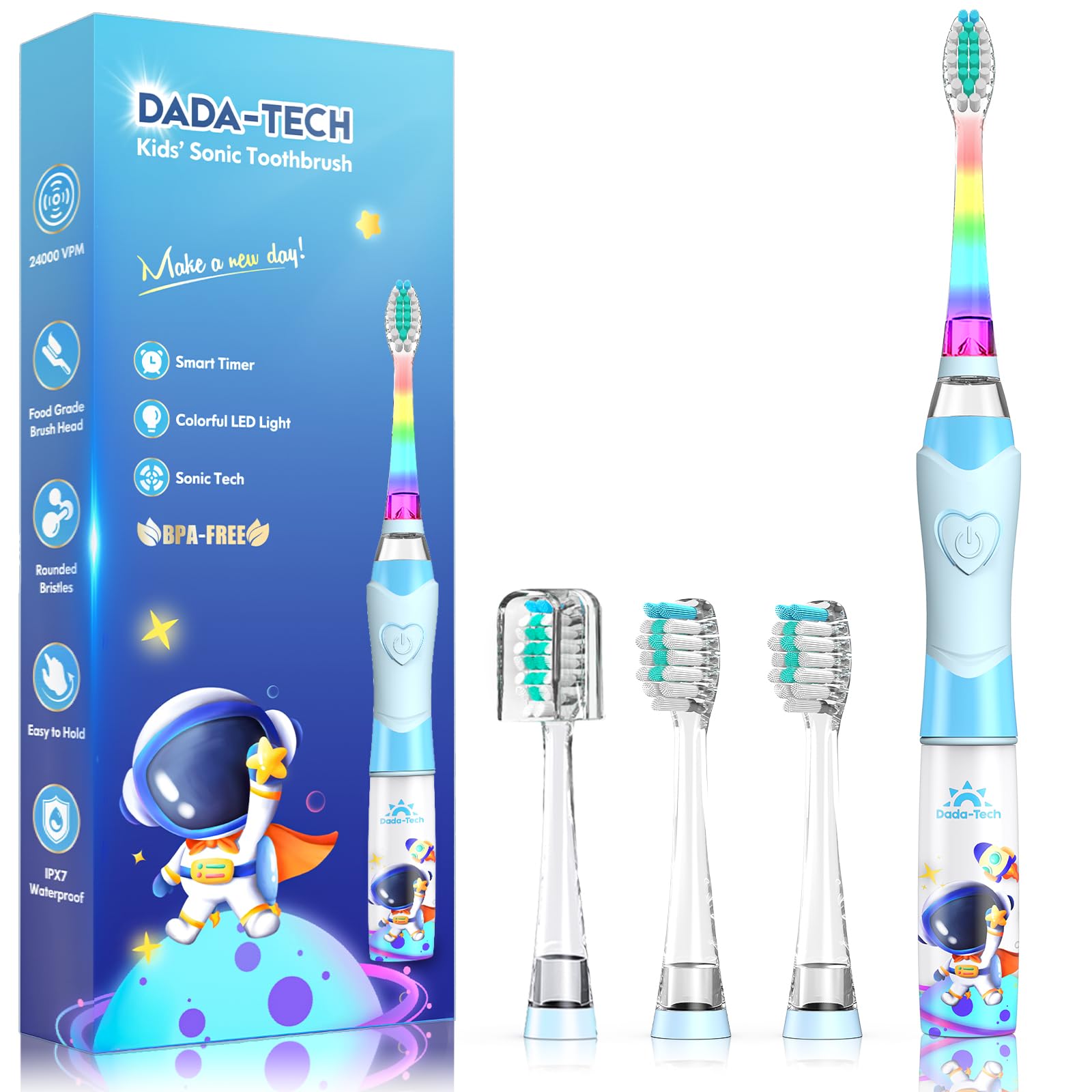 Kids Electric Toothbrush Toddler Toothbrush Age 2-4-8-12 Electric Toothbrush Kids with Timer Rainbow LED Light Up Vibrating Toothbrush Battery Operated Childrens Sonic Tooth Brush (Astronauts Blue)