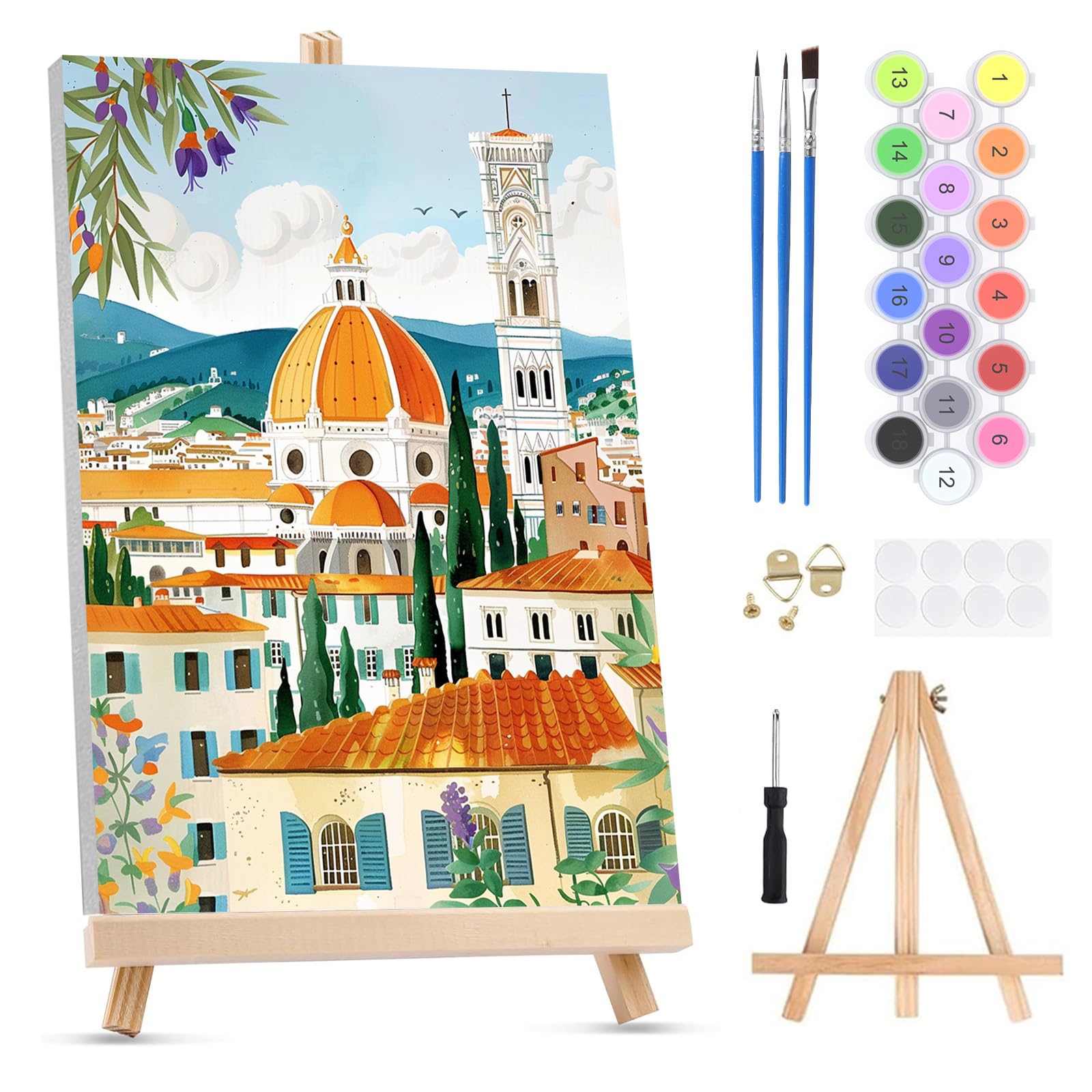 QENSPE Paint by Numbers for Adults on Framed Canvas - with Wooden Easel, Florence Painting by Number Kit for Beginners, DIY Italy Acrylic Oil Painting for Home Wall Decor 8x12 Inch