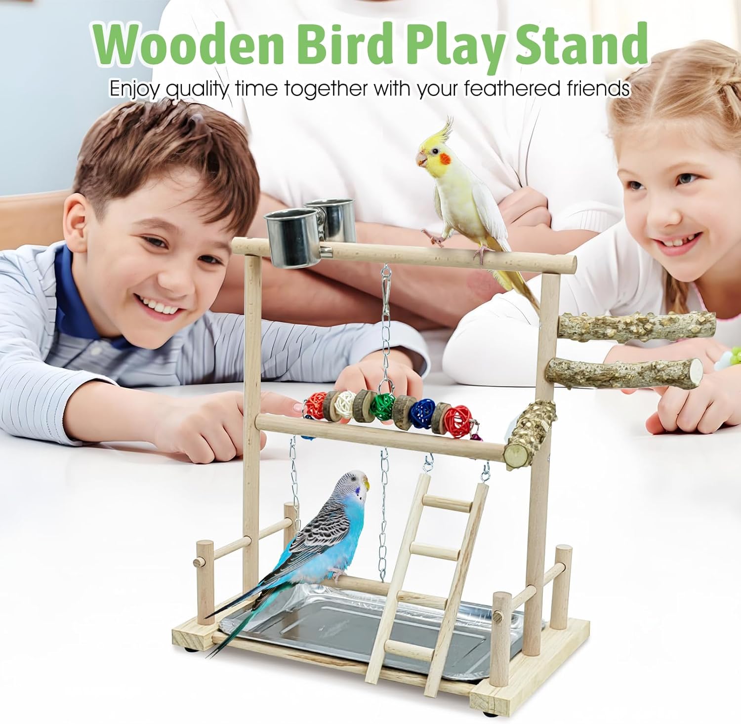 kathson Bird Play Stand Parrot Perch Stand Natural Wood Bird Playground Playstand for Cockatiel Conures Parakeet Parrots Budgie Lovebird Finch Small Birds