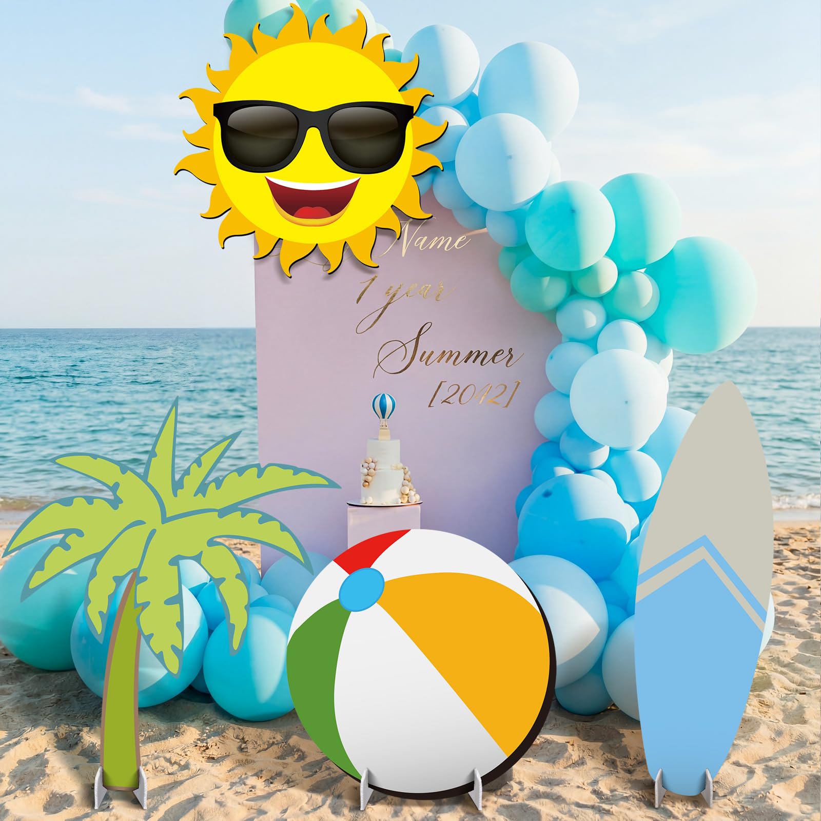 Photo 1 of **BENT PALM FRONDS**BrightRow 4 Pack Summer Beach Party Decoration 31'' Large Surfboard Cardboard Cutout Life Size Pool Photo Booth Prop Coconut Tree Sun Beach Ball Outdoor Sign for Swimming Hawaiian Luau Bar Supplies