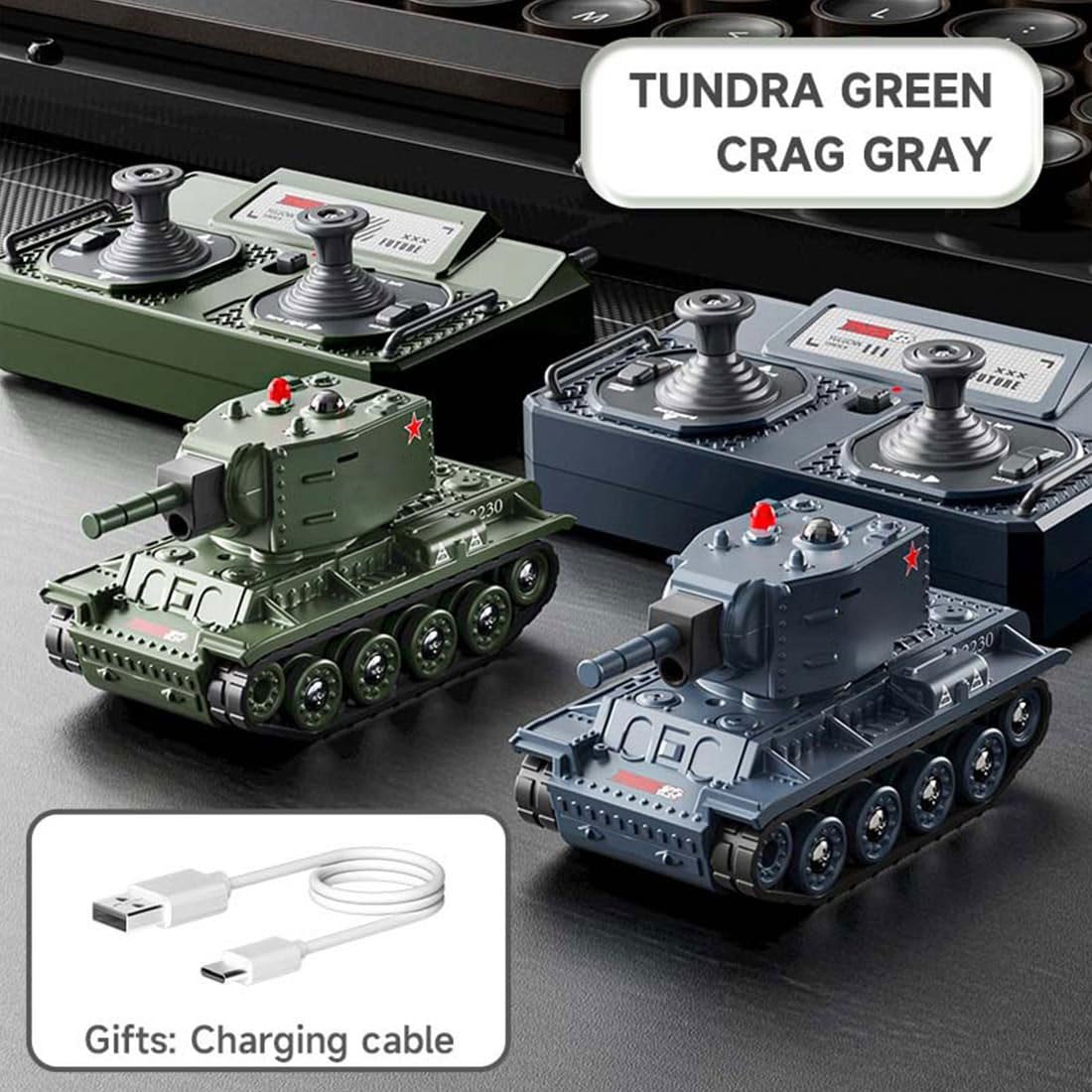 Réservoir télécommandé 1/64, mini char de combat RC 2,4 G avec mode de combat infrarouge, tourelle rotative et entraînement sur piste, pour adultes (gris)