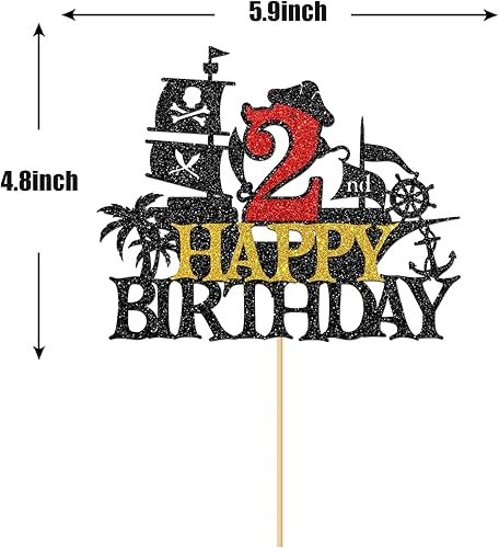 Miniatura 2 de Maicaiffe Decoración para tartas de feliz segundo cumpleaños, diseño de barco pirata náutico, decoración de fiesta para niños, purpurina negra