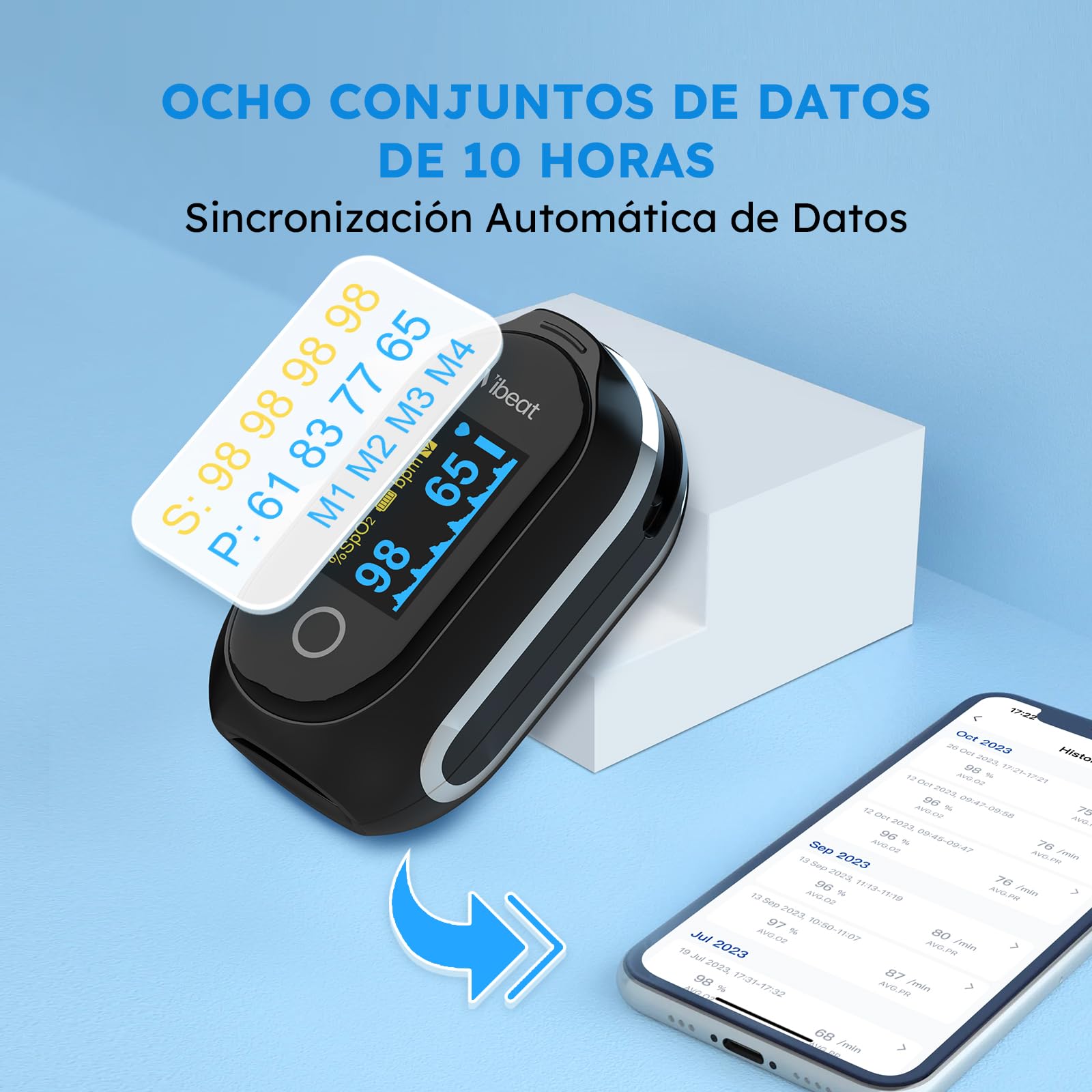 Vibeat Oxímetro de Pulso Bluetooth Sleep con Modo Continuo, Monitor de Saturación de Oxígeno Recargable de edo con 8 * 10 Horas de Registro de Datos y Sincronización Automática de Datos