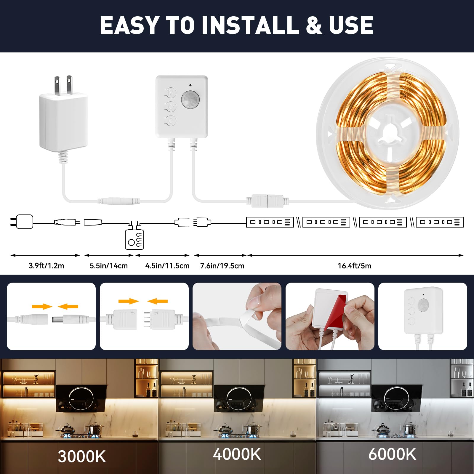 Motion Activated LED Strip Lights,16.4Ft Ultra Brighter 150LED Motion Sensor Light Strip with Timer and Remote,Cuttable Dimmable 3000-6000K 12V LED Tape Light,Indoor Night Light for Bed Wardrobe Stair