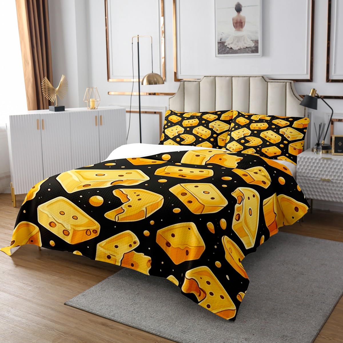 Homemissing Formaggio Cartoon Formaggio Copriletto 260x240cm per Bambini Ragazzi Ragazze Delizioso cibo Trapuntato Nero Giallo Copriletto Trapuntato 3 pezzi