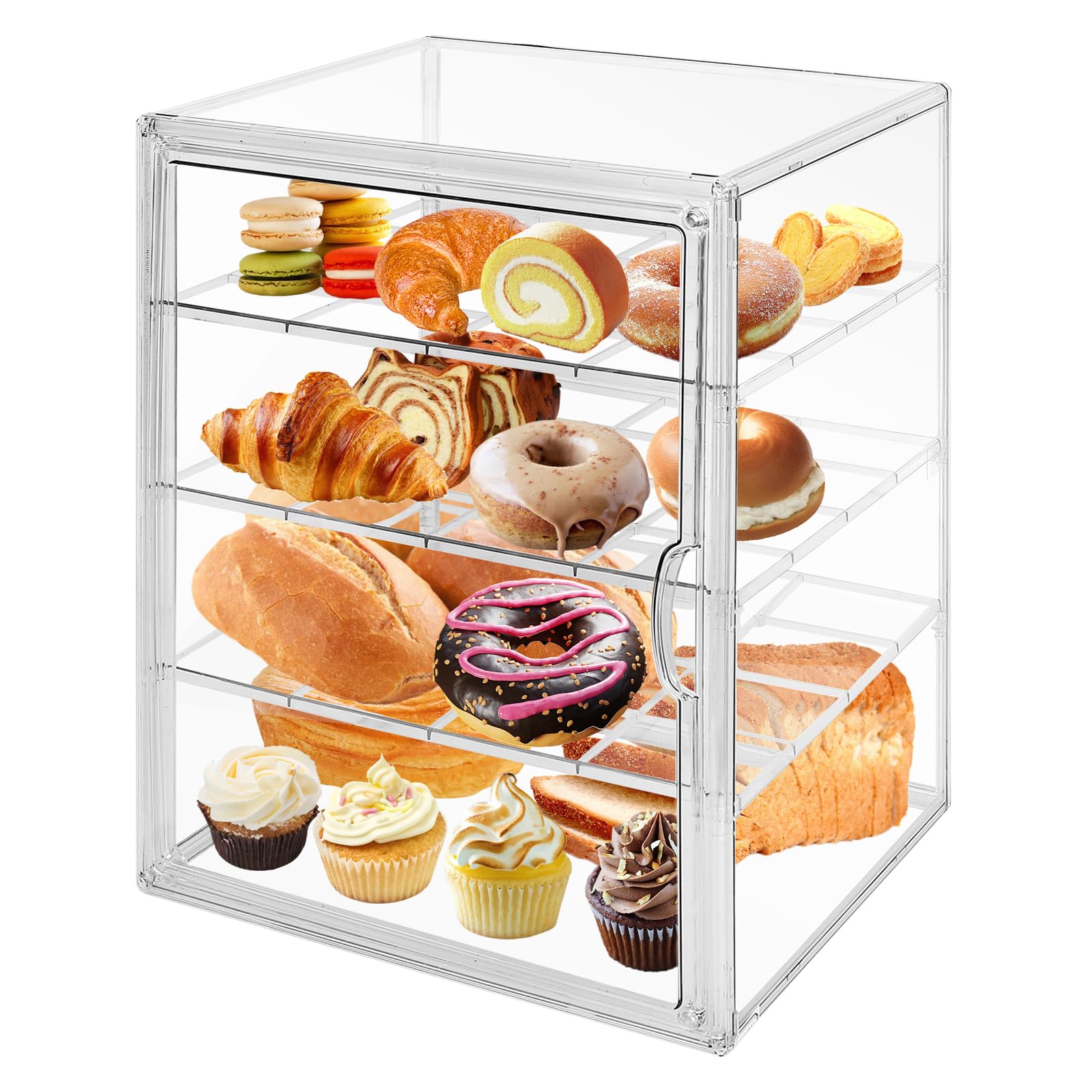 Cutora Large Clear Bread Box for Kitchen Countertop 4 Layers Acrylic Pastry Display Case Bakery Storage Container with Magnetic Door Bread Keeper for Homemade Cookie Cupcake Muffins Bagel