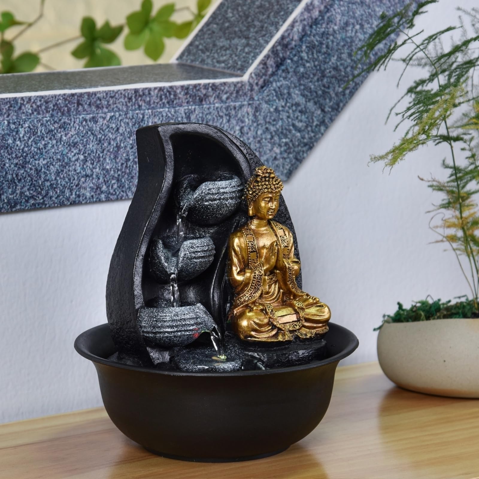 Zen Light Praya - Fuente para Interior con Bomba e iluminación LED,en Resina, Color Dorado