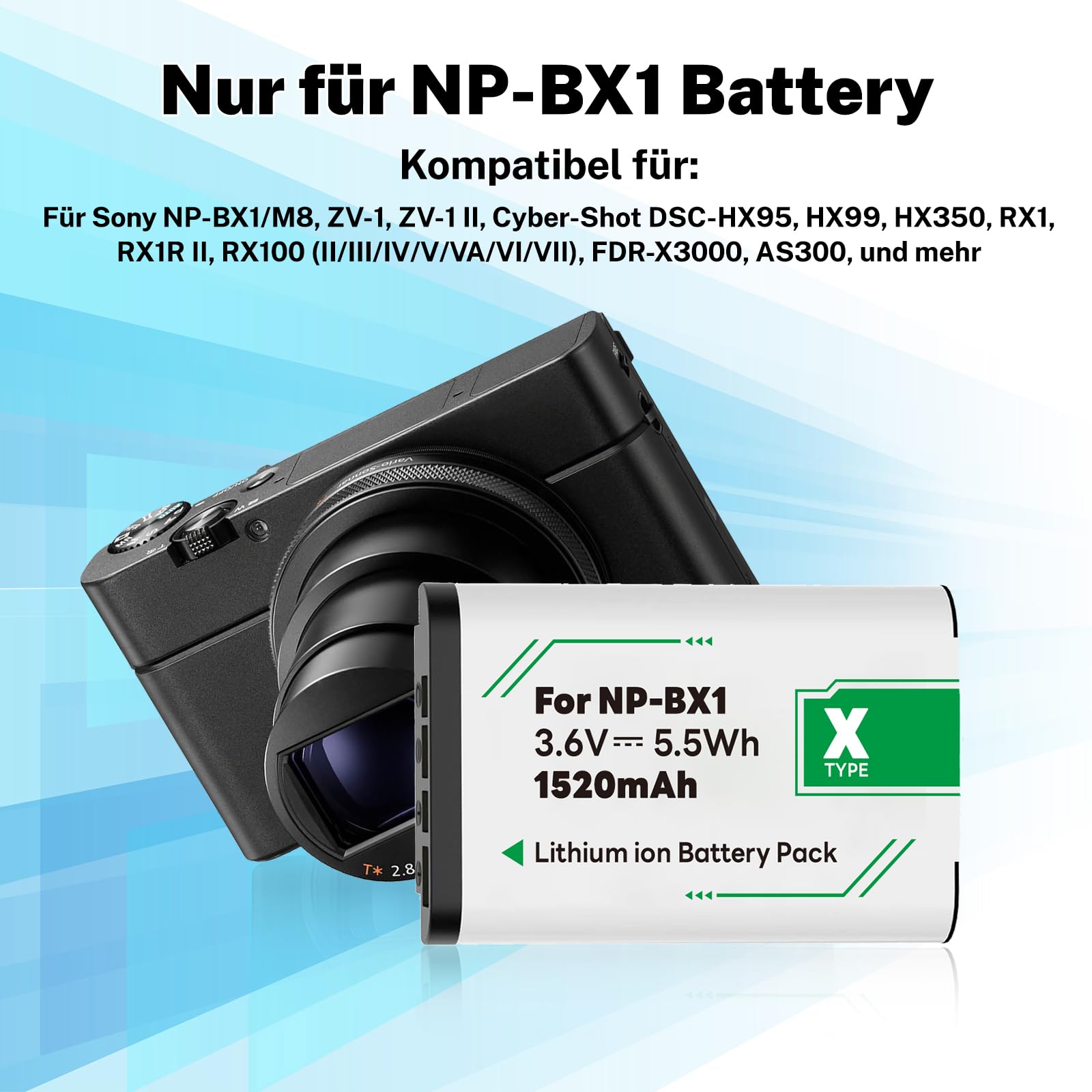 3er-Pack 1520mAh NP-BX1 Akku mit Ladegerät,Hohe Kapazität Akku für Sony NP-BX1, ZV-1, ZV-1 II, Cyber-Shot DSC-RX100, DSC-RX100 VII/VI/V/IV/III/II/VA (M7-M2), HDR-CX405, FDR-X3000, HX300