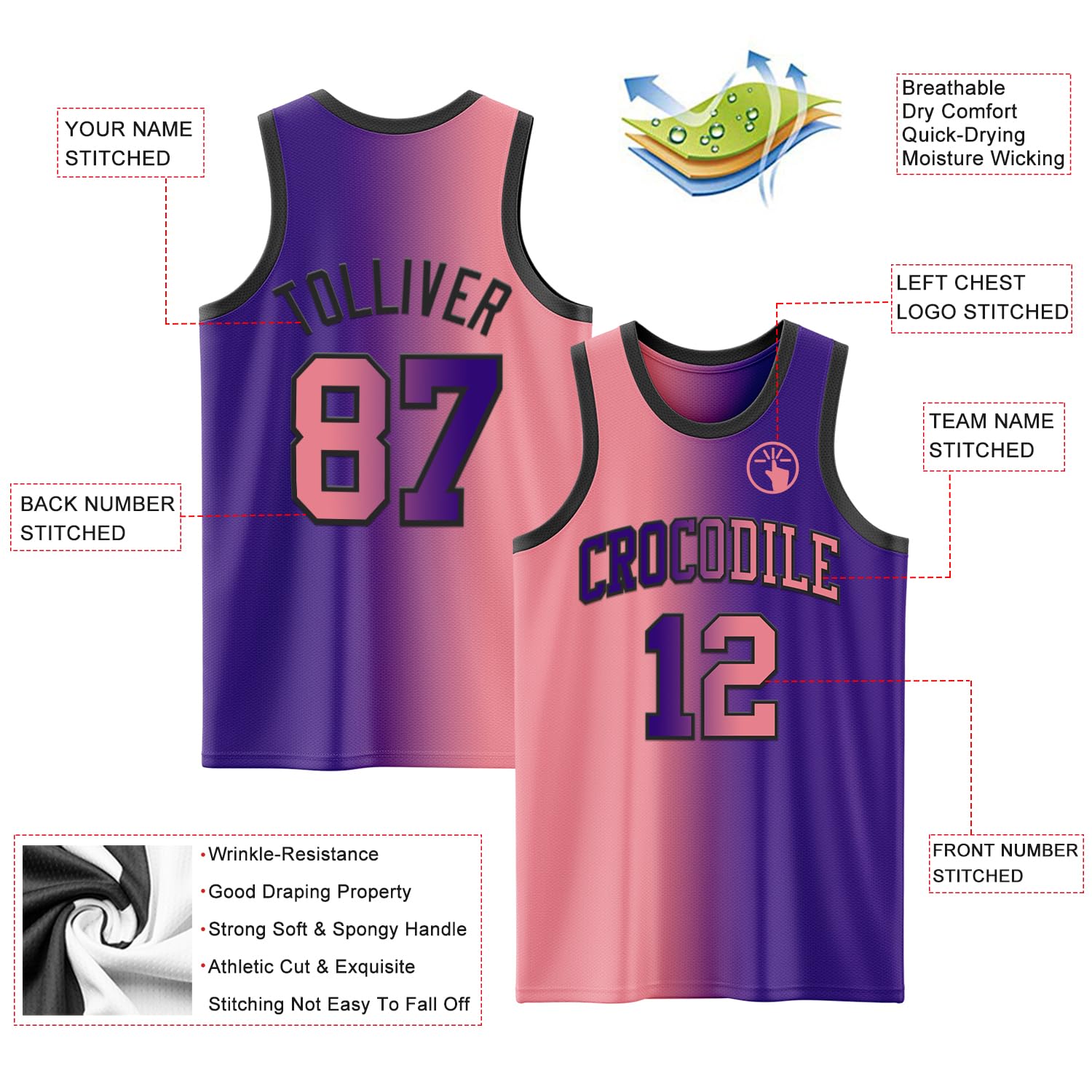 Custom Women Basketball Jersey Purple Medium Pink Fashion Gradient Basketball Tee Shirts Black Crewneck Design, Breathable Personalized Sports Team Uniform Tops with Name Logo Number for Youth & Adult