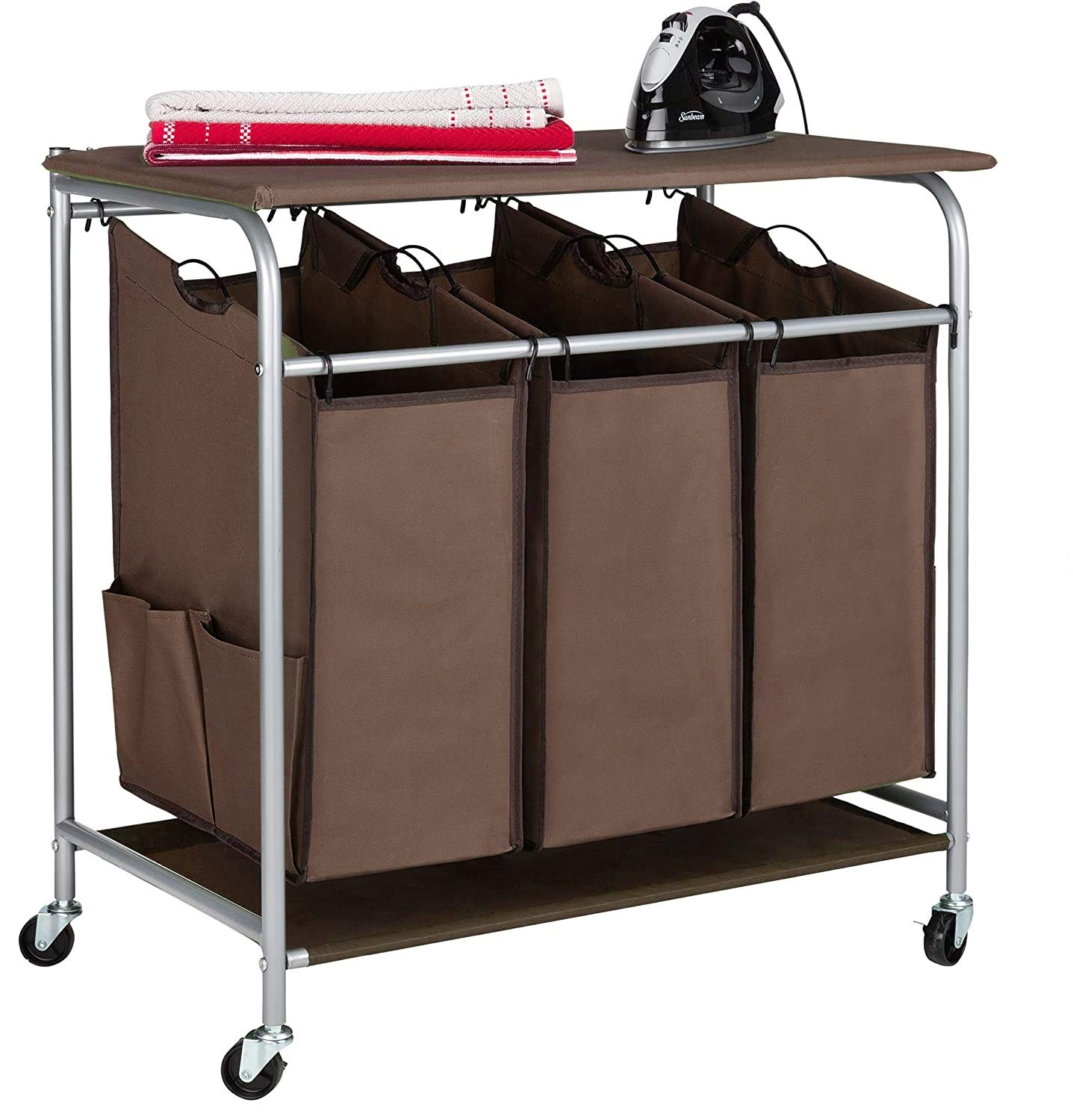 JinaMart 3 Bag Heavy Duty Laundry Storage Cart - with Iron Board + Two Pockets Each Plus Quality Wheels | Brown
