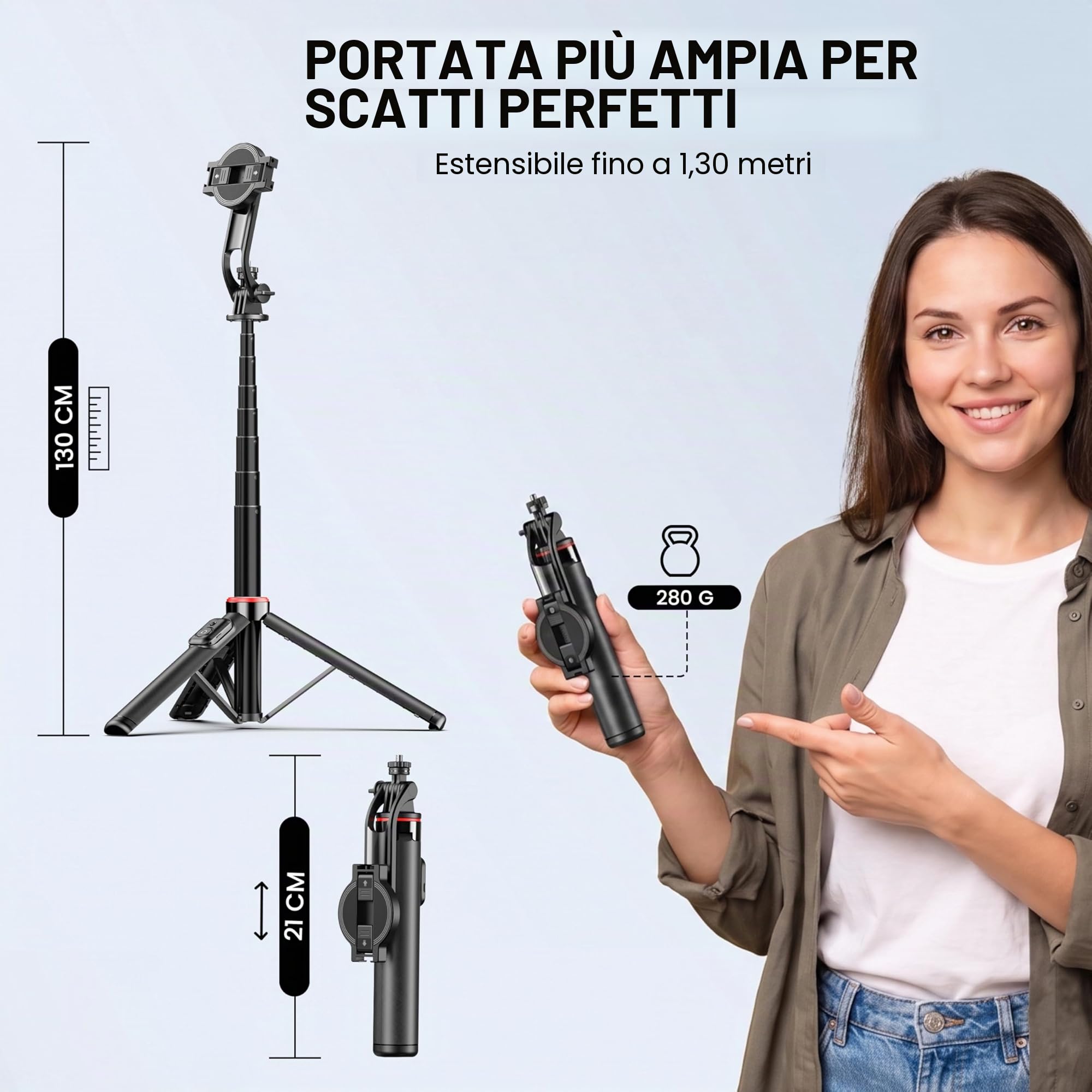 AMAYO - Bastone Selfie 2 in 1 per MagSafe iPhone – Doppio supporto (magnetico e clip) con telecomando Bluetooth, treppiede estensibile per viaggi, vlog, selfie e foto (Nero)