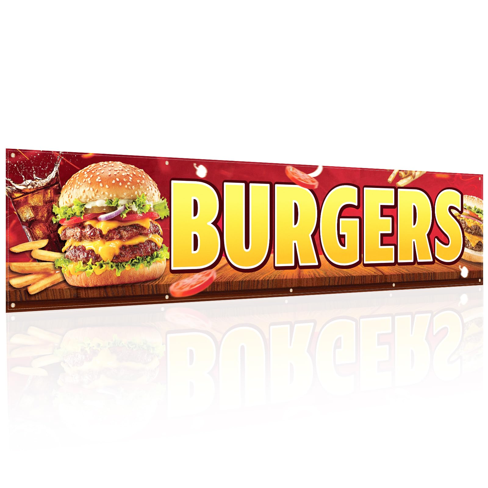 Tegeme Burgers Large Banners and Signs for Outdoor 2x10 ft Oxford fabric Polyester Custom Banner with 10 Holes for Easy Hang Indoor Outdoor