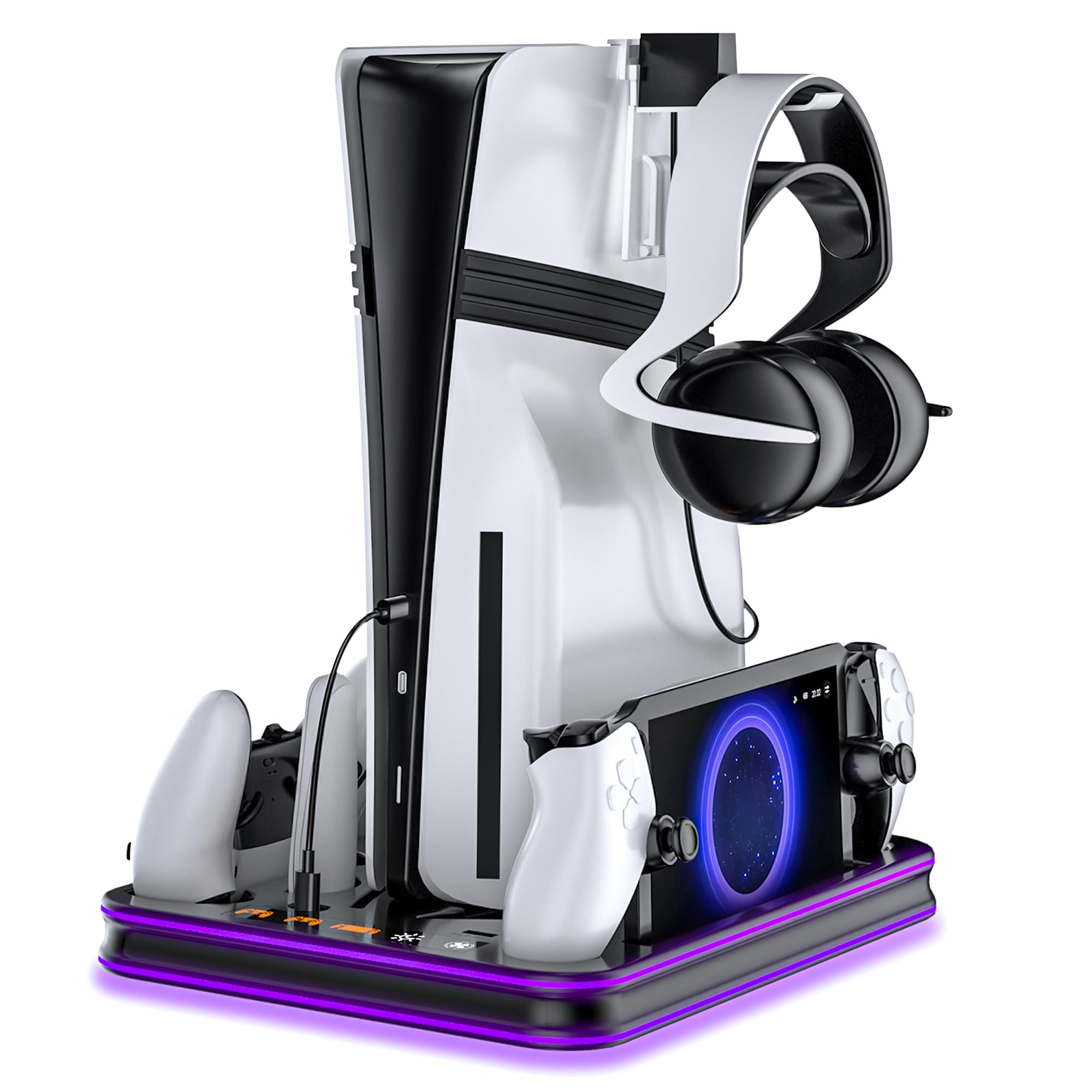 Compatible for Sony PlayStation 5 All Editions - Stand Cooling Station with Charging Dock LED Indicators Headset Holder