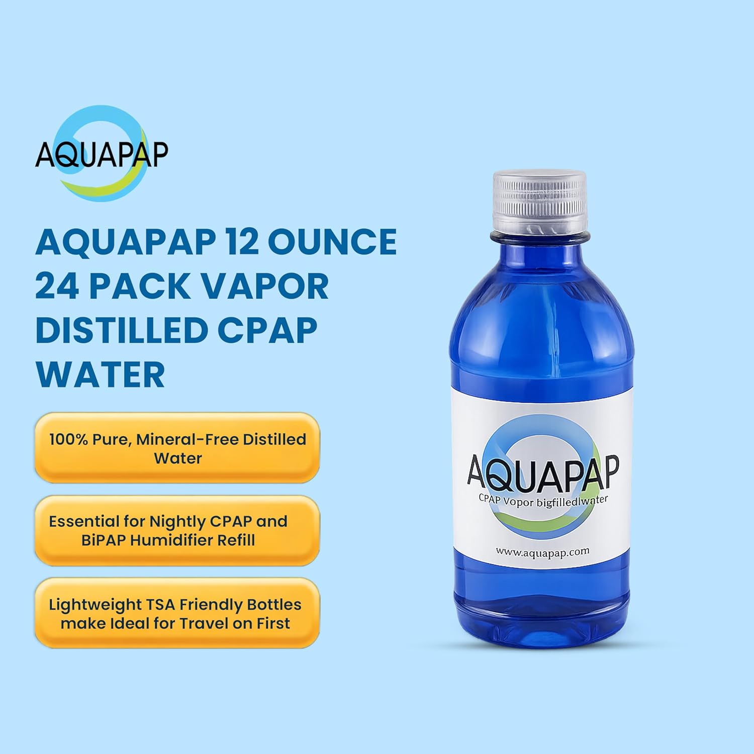 Aquapap Vapor Distilled Water Case of 24 x 12 oz bottles