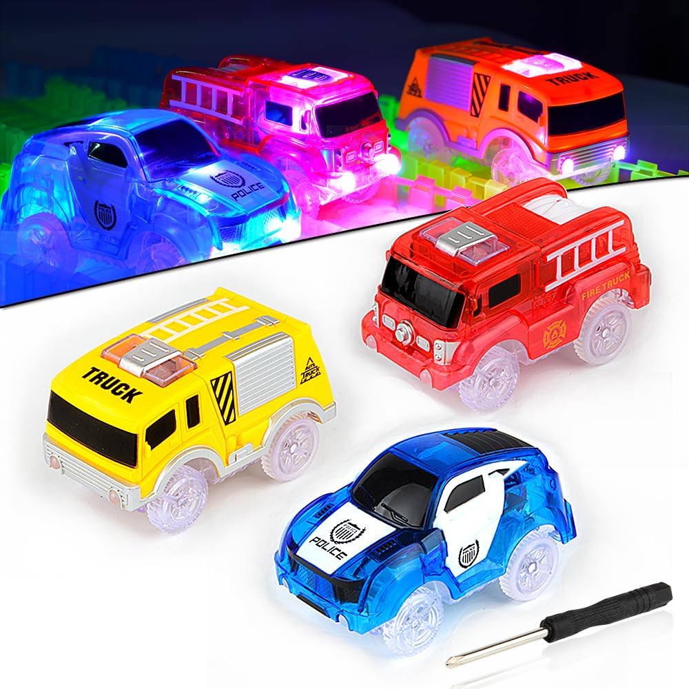 – Glow Tracks - 3 Pack Light-up Race Flexible Cars with 5 LED Lights (Blue Police, Red Fire Engine, Yellow Truck), Slot Car Track Toy, Kids Toddlers Gift Racetrack