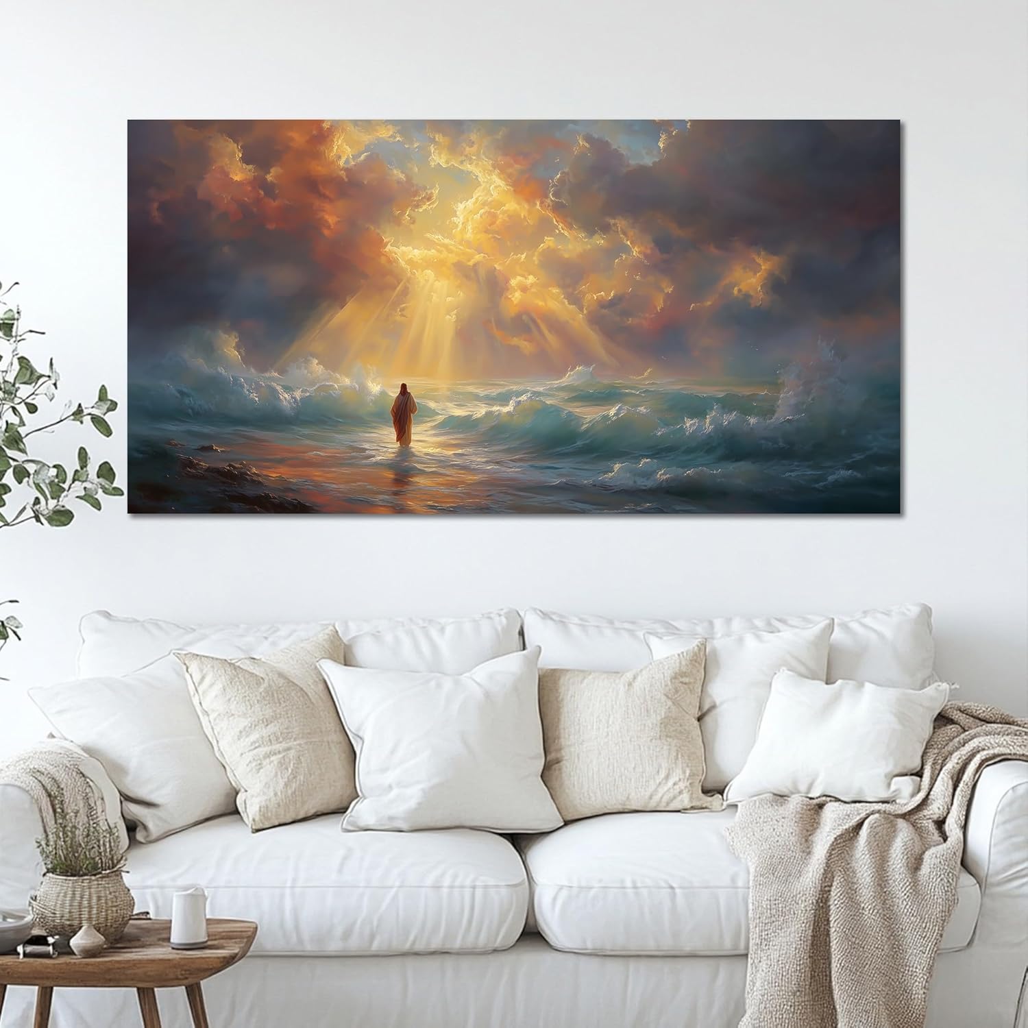 BYXOLARA Large Jesus Walking on Water Wall Art - Religious Canvas Print for Christian Inspire Pictures Wall Decor, Jesus Canvas Artwork for Home Decor Frame Wrapped Canvas, 30×60 inches
