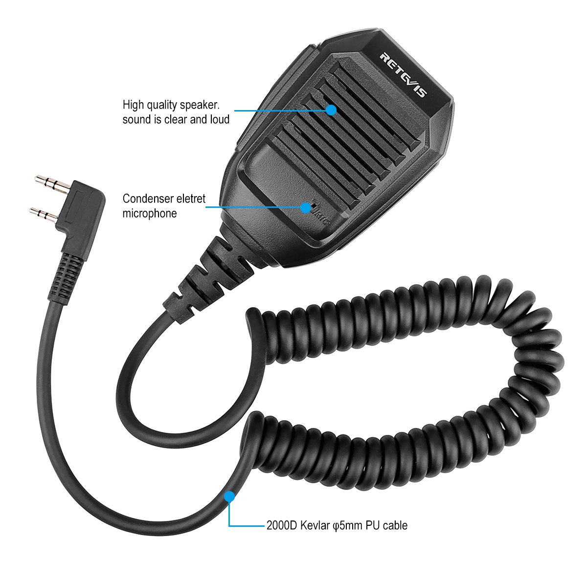 Retevis Talkie Walkie Haut-Parleur Microphone, 2 Pin Éloigné Épaule Microphone Compatible avec BF-888S baofeng uv-5r BF-88E RT24 RT27 RT22 RT28 RT618 RT619 (1 pcs)