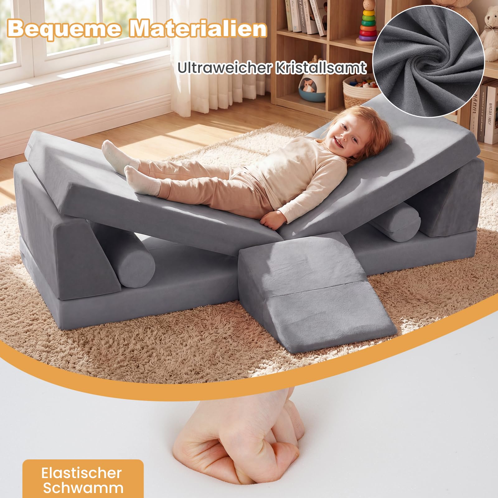 COSTWAY 10 teiliges Kindersofa mit Schlaffunktion, modulares Spielsofa gepolstert aus Kristallsamt mit waschbare Bezüge, Kindercouch ausklappbar, Kuschelecke für Jungen & Mädchen ab 3 Jahre (Grau)