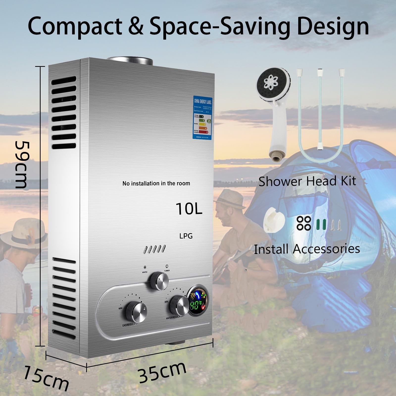 10L Propan LPG 20 kW, propan butan podgrzewacze wody gazowej, podgrzewacze wody gazowej, bezzbiornikowy podgrzewacz wody z zestawem prysznicowym, na kemping, do kampera, do domu