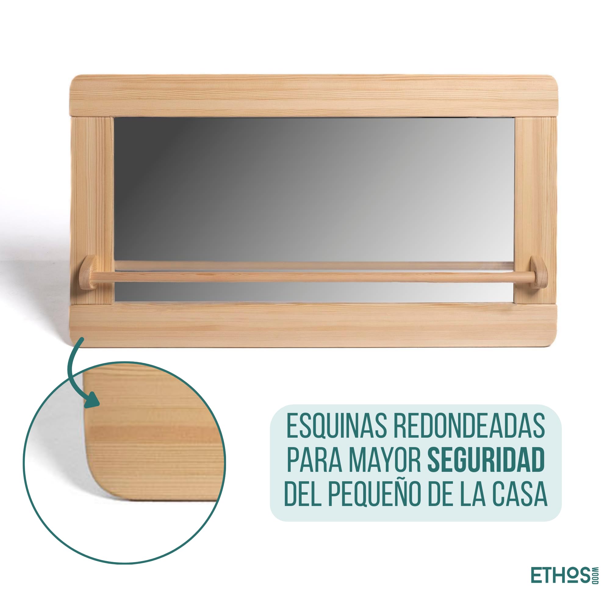 Espejo Montessori con Barra para bebés, Madera Natural barnizada y Cristal irrompible | Certificado CE | Seguridad, autonomía y Juego sensorial | Tamaño (74×50,5 cm) | Hecho en España