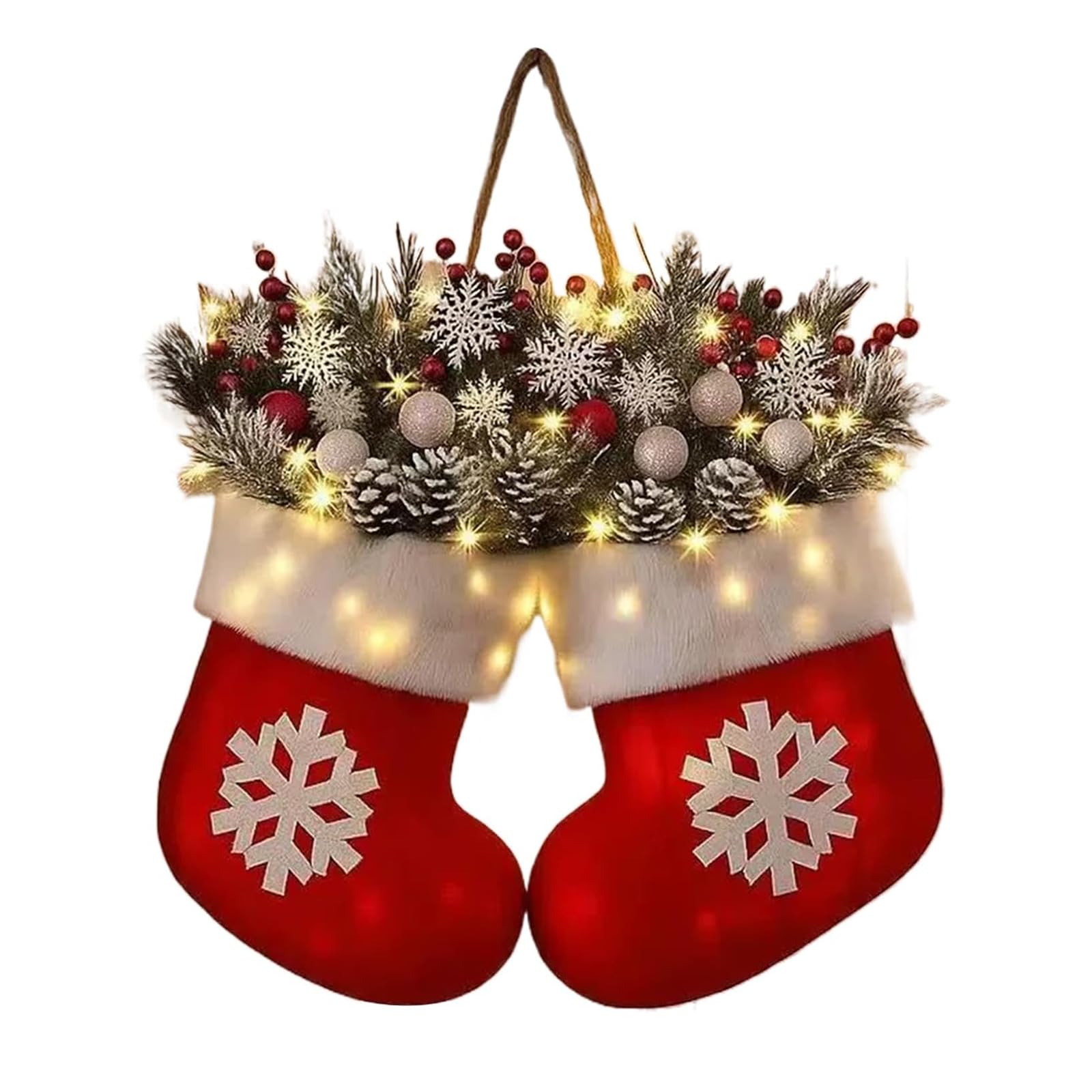 Twinkling Christmas Mitten Wreath with LED Lights,Red Berries Pine Cones Branches,Christmas Front Door Wreath,Outdoor Glowing Gloves Lighted Garland,Artificial Garland for Window,Porch,Patio (Socks)