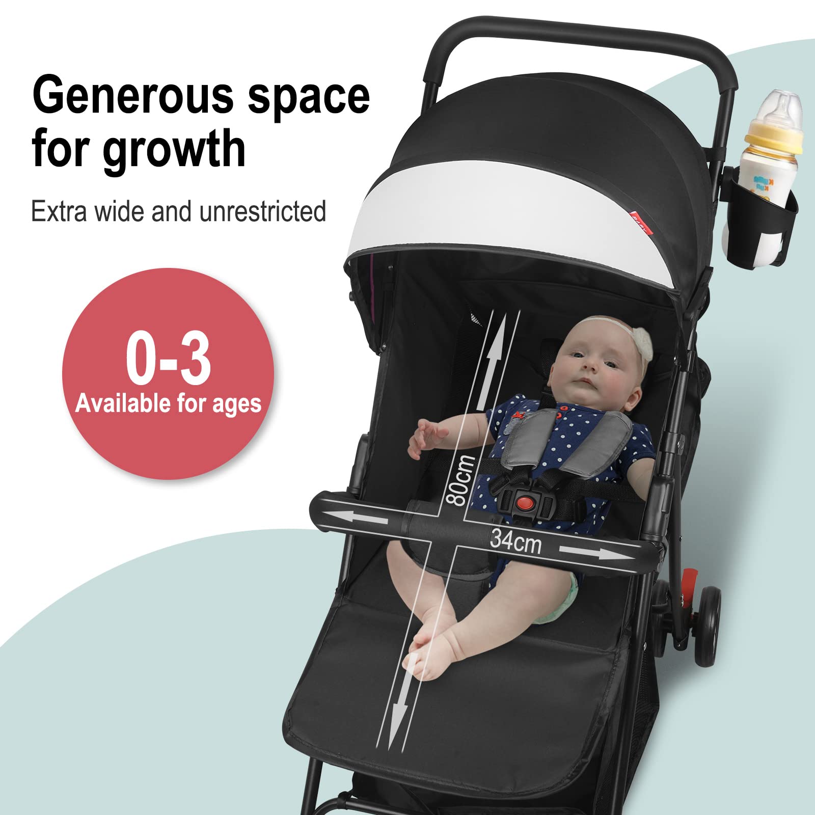 Vinteky Poussette bebe 2 en 1 pliable gain de place avec ceinture de sécurité poignée conforte pour tirer jusqu'à 15 kg Poussette bebe légère, compacte (L)