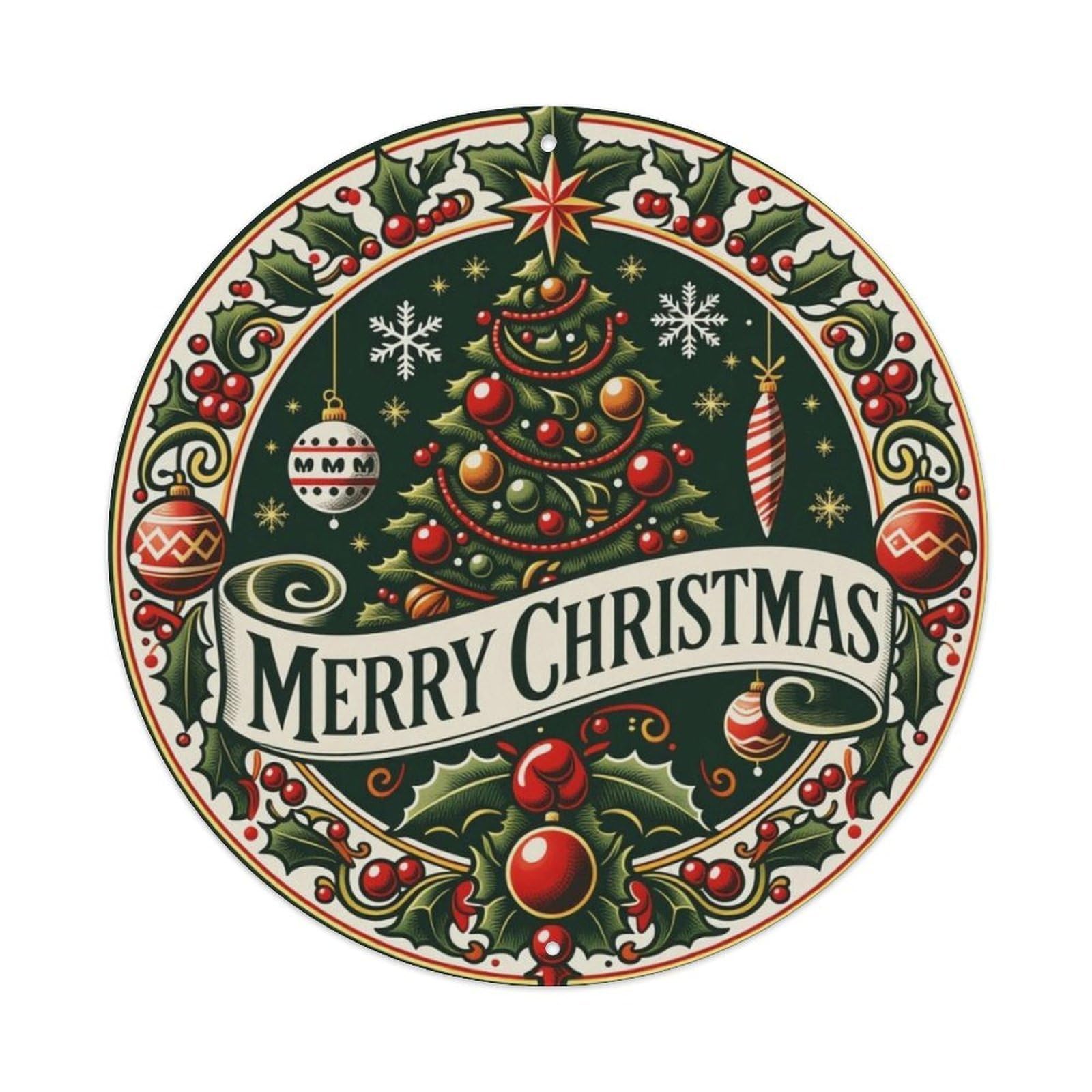 Merry Christmas Holly Tree Round Metal Sign Vintage Aluminium Metal Sign, Retro Wall Decor for Home, Bar, Garage & Farmhouse 20x20cm