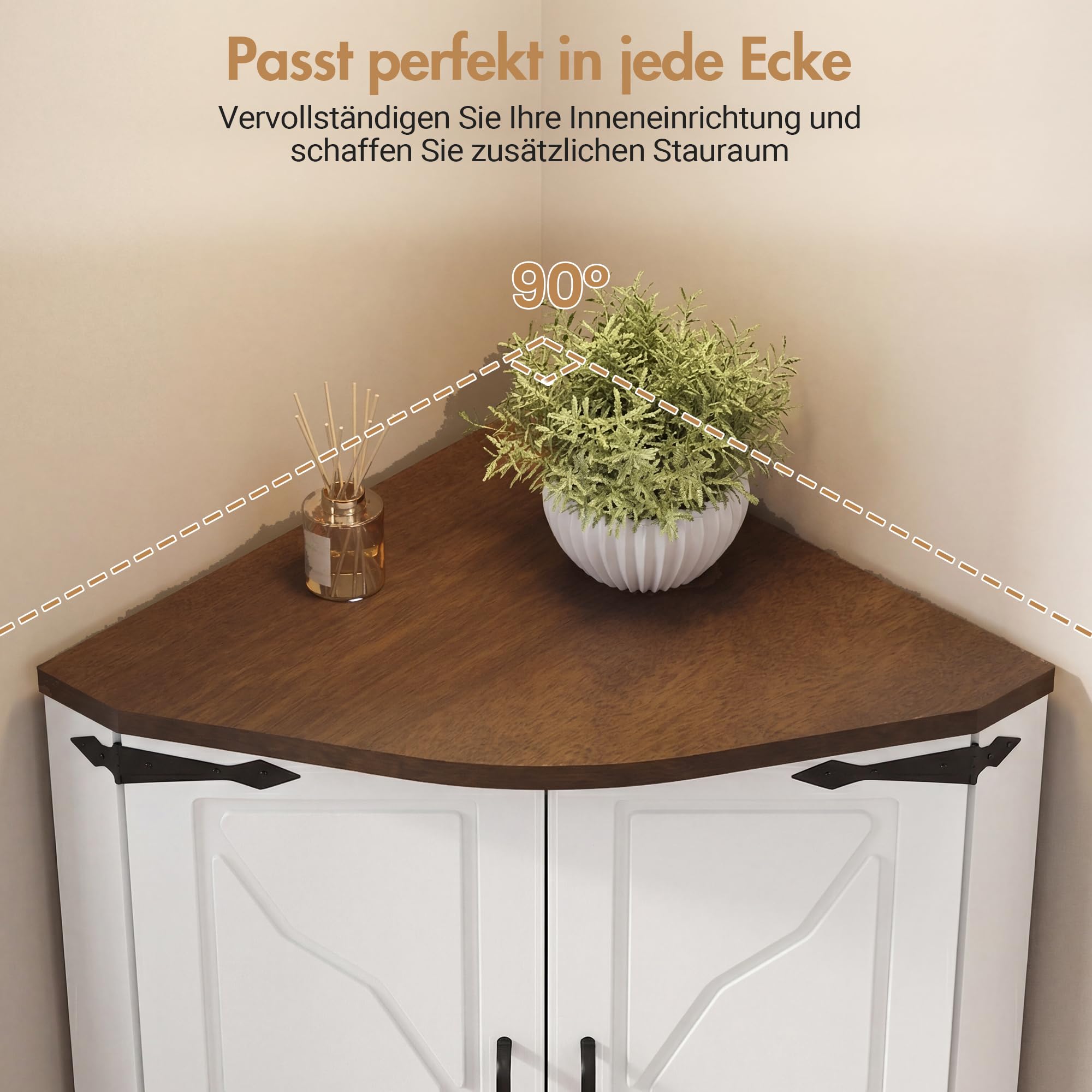 Eckschrank, Küchenschrank Hoch, LED Badezimmerschrank Schmal, Eckregal mit 4 Türen und 6 Ablageflächen, 165cm Aufbewahrungsschrank Holz, Hochschrank Buffetschrank für Küche, Wohnzimmer, Esszimmer