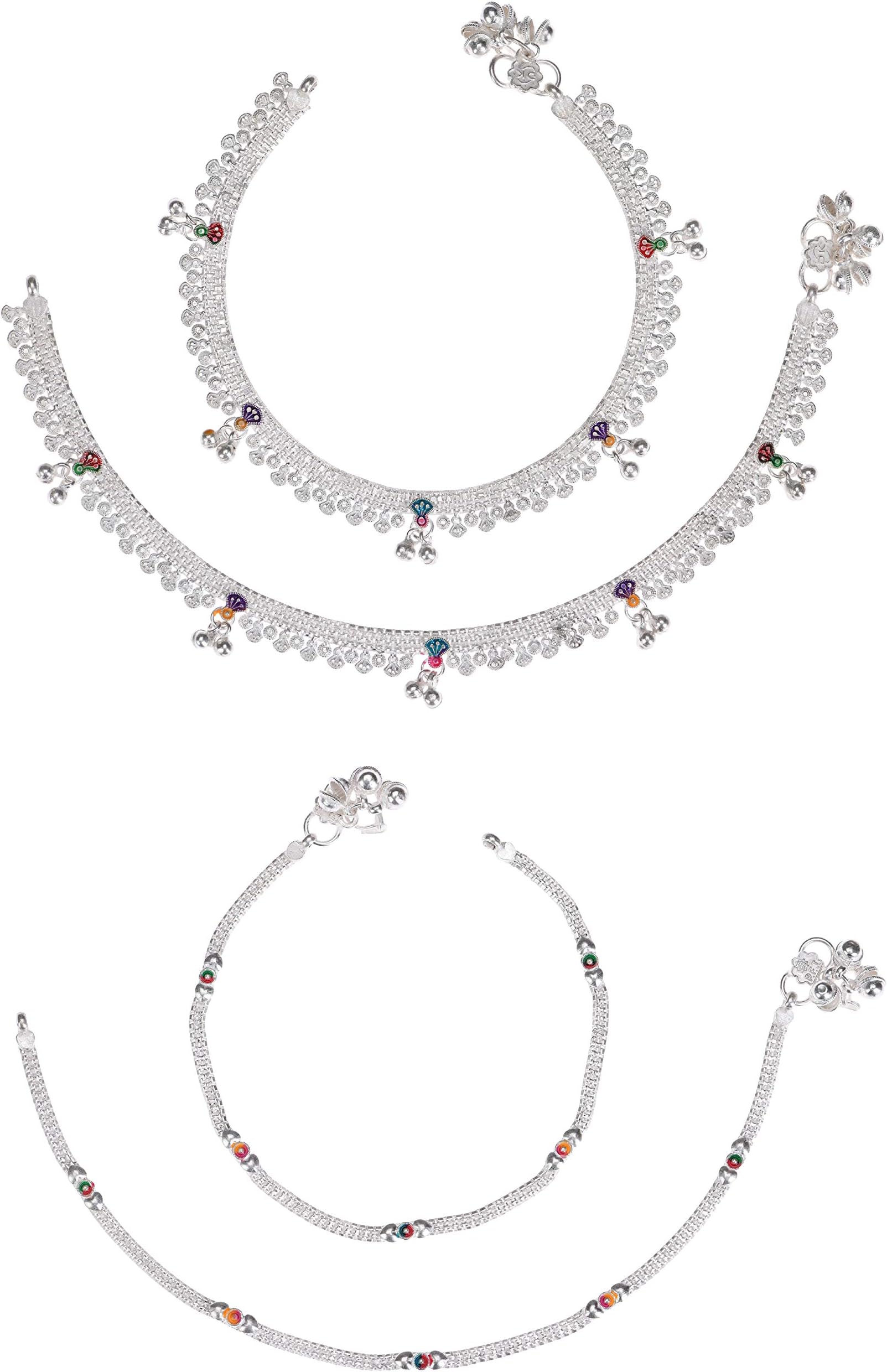 Pack of 2 Pair Indian Traditional Ethnic White Metal Anklet Silver Leg Bracelet For Women Payal Girls Kolusu