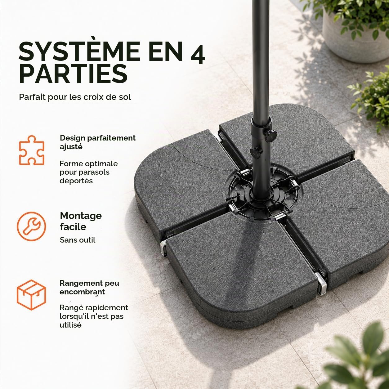 Pied de parasol pour parasol déporté - Poids à remplir pour croix de sol en plastique - Pied de parasol déporté (4 pièces jusqu'à 80 kg, plastique)