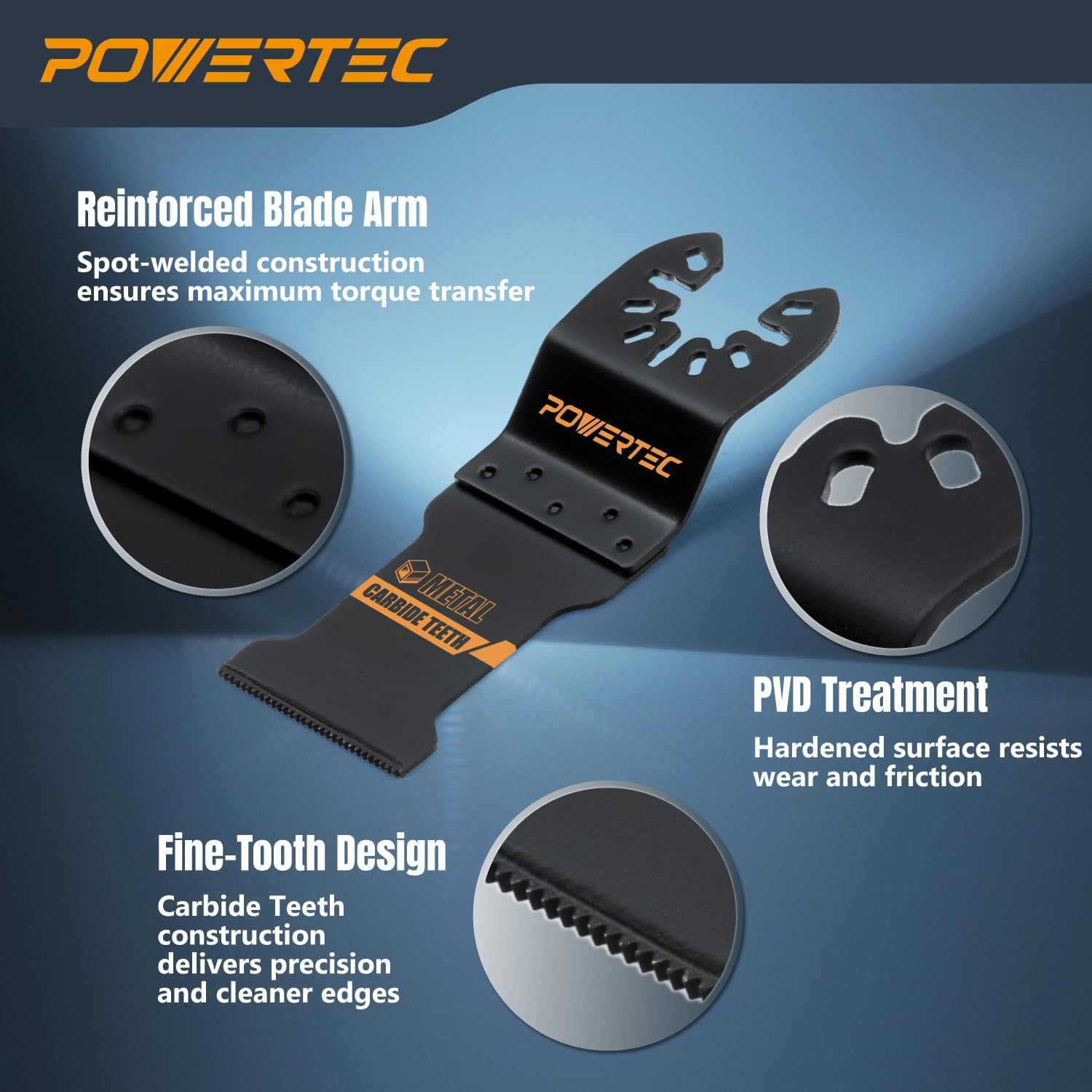 POWERTEC 14504 Oscillating Tool Blade 9pc Set – Bi-Metal & Carbide Multitool Blades with 2 Adapters for Fast Wood Cutting, Flush Cutting, and Cutting Hardened Metal, Bolts, Screws & Nails