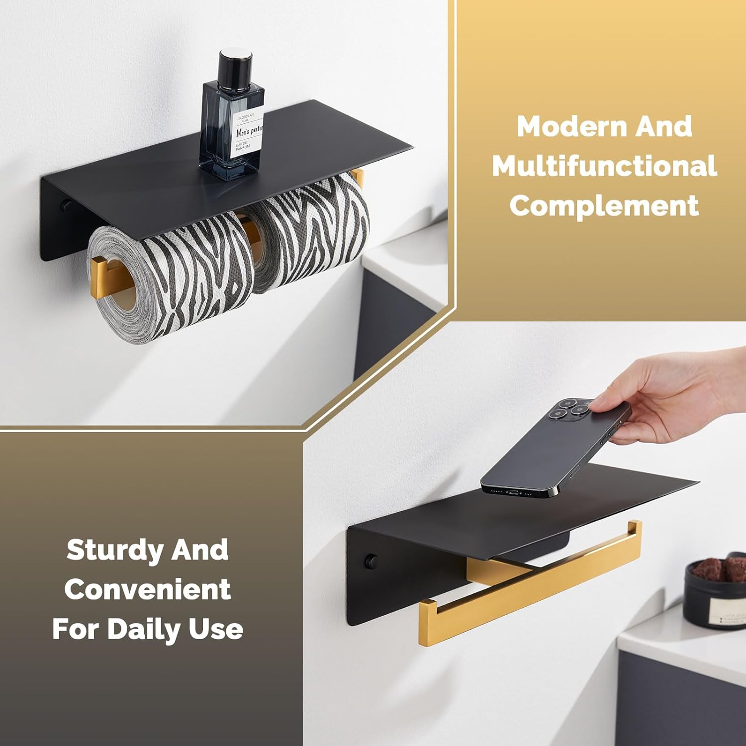 Angle Simple Swivel Towel Ring Bundle with Double Toilet Paper Holder with Shelf (Black and Gold)