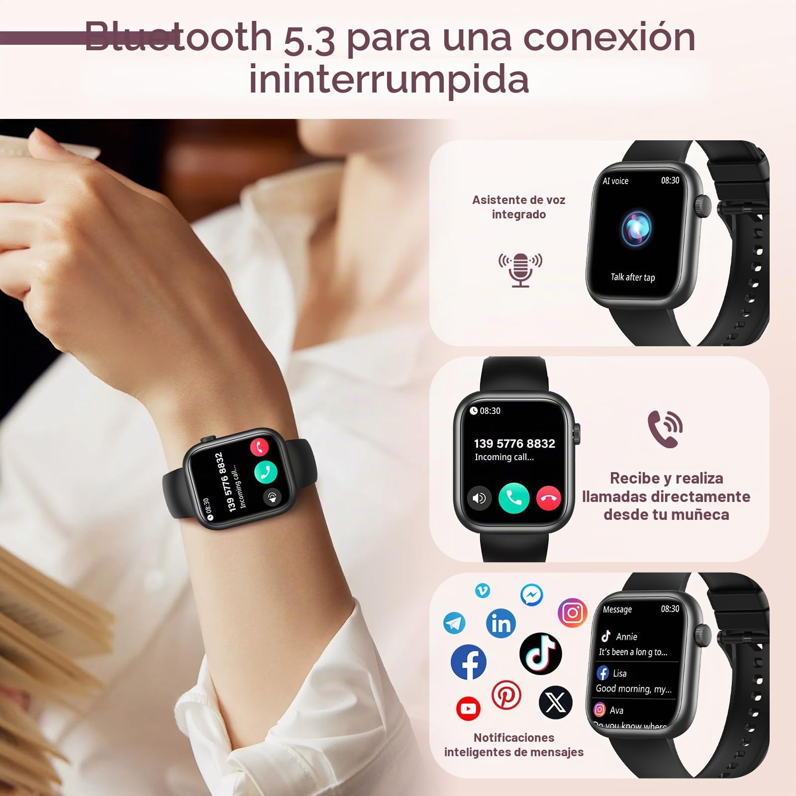 SLOKSFil Reloj Inteligente Mujer, 1.85" Smartwatch con Esfera IA, Pulsómetro 24/7, SpO2, IA Q&A, Sueño Rastreador,110+ Deportes, Rastreador Fitness con Podómetro para iOS Android (Negro)