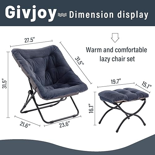 Miniatura 3 de Cómoda silla plegable con otomana, silla plegable de piel sintética de gran tamaño, silla suave y peluda con marco de metal, silla de luna para