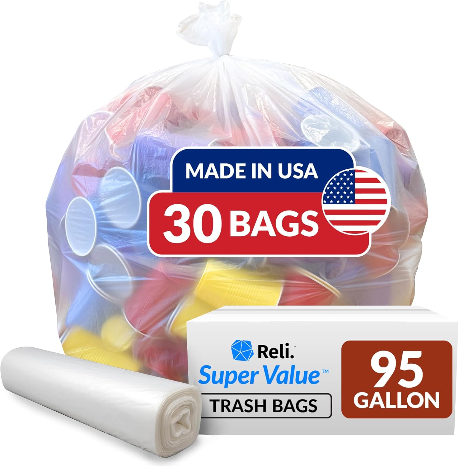 Reli. 95 Gallon Trash Bags Heavy Duty | 30 Trash Bags | Super Sizeable, Clear, Garbage for Serious Cleanup