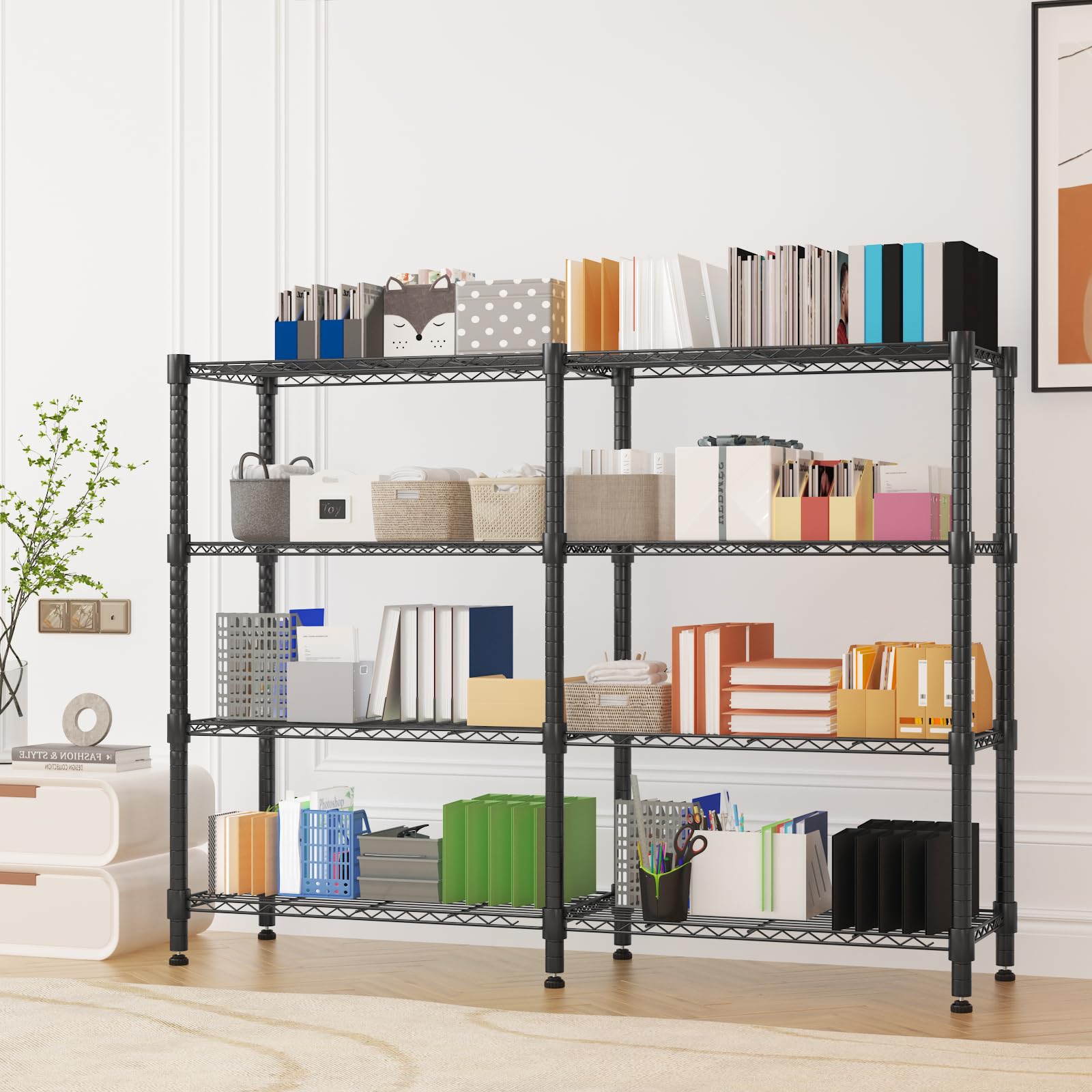 Himimi Scaffali di Stoccaggio a 4 Livelli Scaffale in Filo Metallico per Stoccaggio Scaffale Regolabile in Altezza Pesante per Garage Scaffali per Dispensa Organizer da Cucina, 152 * 35 * 152cm Nero