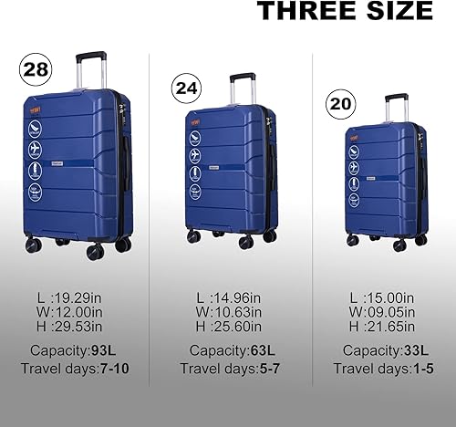 Vista 8 de Travelhouse Juego de equipaje de 3 piezas PP Maleta de PP con rueda giratoria rígida, liquidación de equipaje, cerradura TSA ligera para viajes
