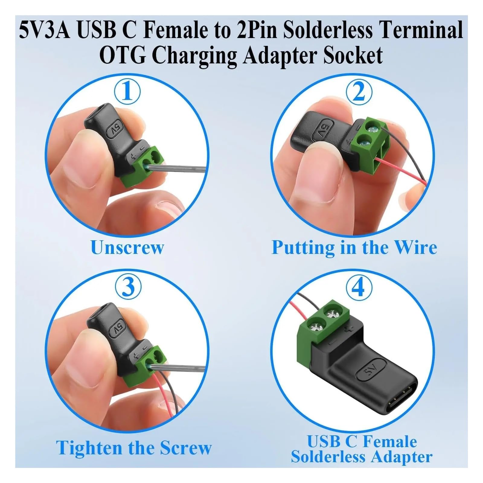 USB C/Micro to 2 Pin Screw Terminal 5V Solderless Adapter for DIY Charging Cable Repair (4PCS, Micro-Male Charging)