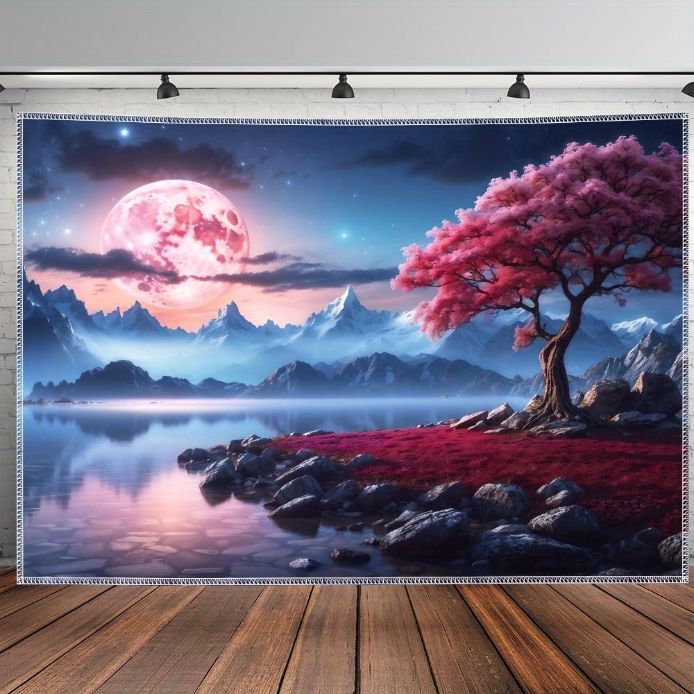 Tapiz grande de cerezo en flor con lago de la luna, fondo con paisaje de cielo nocturno de ensueño, tela de poliéster para colgar en la pared, para dormitorio, sala de estar, decoración de fiestas