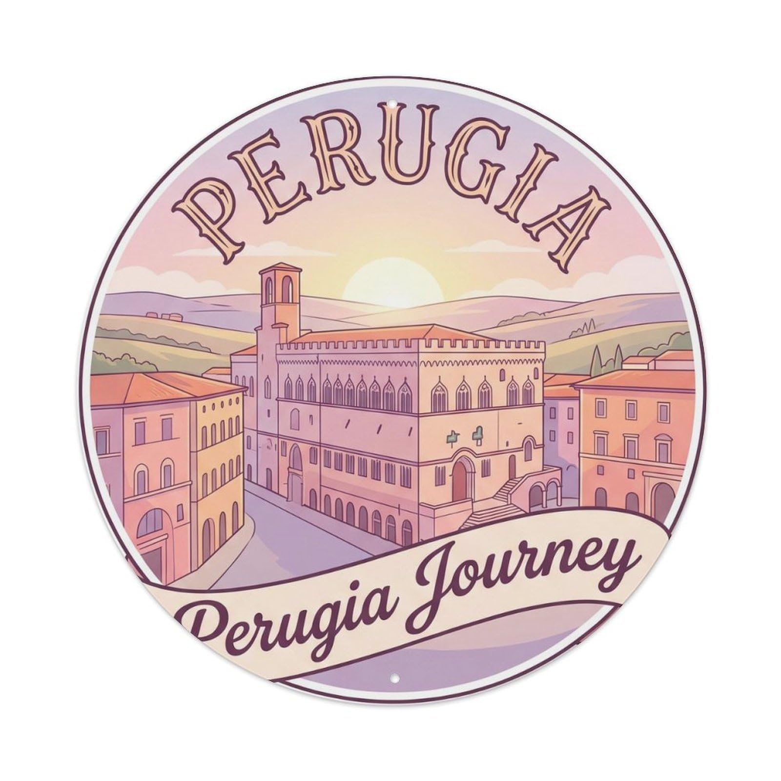 Perugia Cathedral Destination Scenery Landmark City Europe Metal Tin Sign Plaque Wall Decor for Cafe, Man Cave, Club Bar, Office, Home Garden Round Metal Poster 8x8Inch