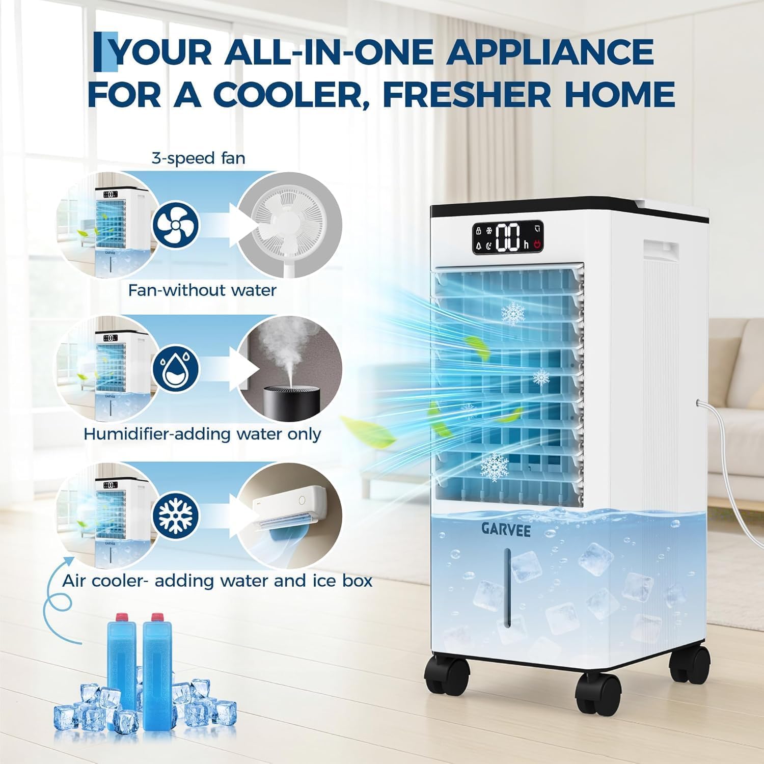 Garvee Aire Acondicionado Portátil 7L, Climatizador Evaporativo 3 En 1 Enfriador de Aire sin Tubo 65W, Temporizadores de 1-12 H – Silencioso, Bajo Consumo y Con Mando a Distancia para Hogar Oficina