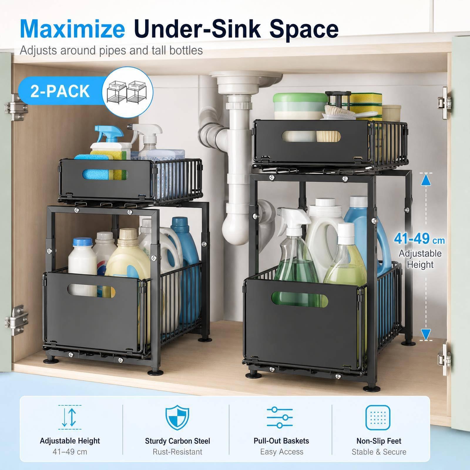 Unterschrank Organizer Küche 41-49cm Höhenverstellbar, 2er Set | Ausziehbar, 2 Etagen, 15kg/Etagen belastbar, Kohlenstoffstahl, Vollauszug-Schublade, für Spülenschrank Bad Vorratsschrank