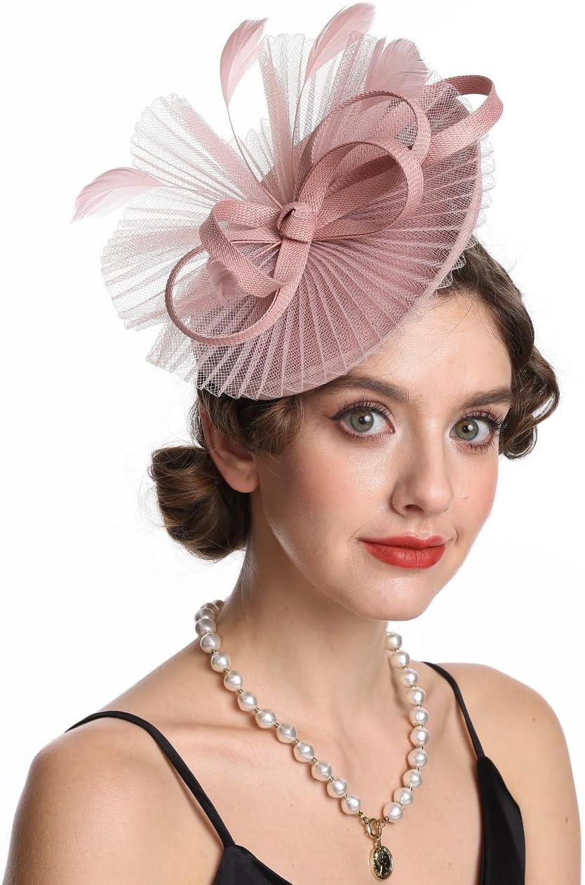 SAFERIN Fascinator for Women Hair Clip Hat Bowler Feather Flower Veil Wedding Party Tea Hat - Image 3
