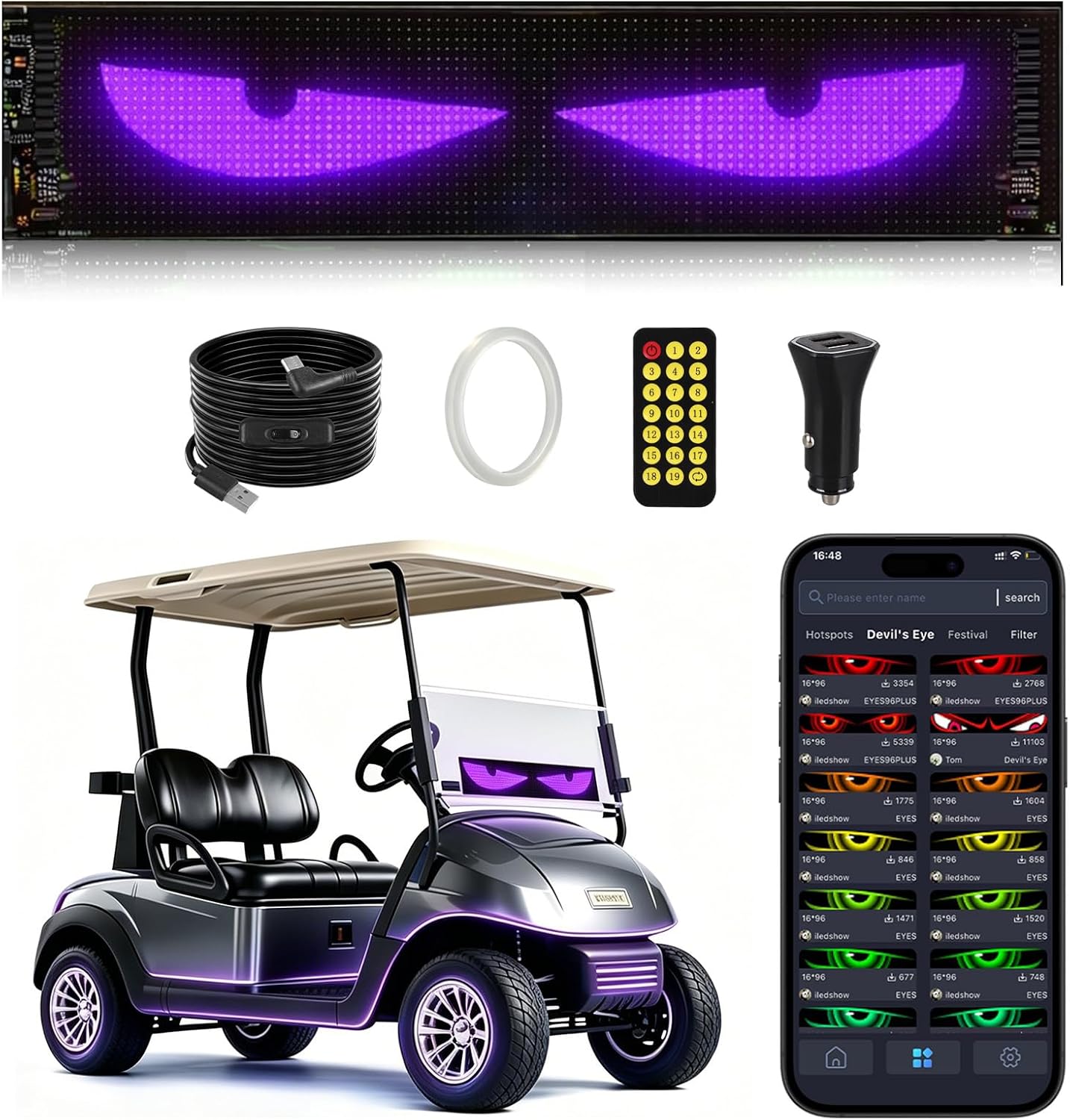 1 Pack Flexible Screen LED Eyes for Car Windshield, 23.23x4.72 In LED Flexible Silicone Accent Lights, 16x96 Pixel RGB,USB Powered Programmable Display with APP & Remote for Vehicle & Event Decoration